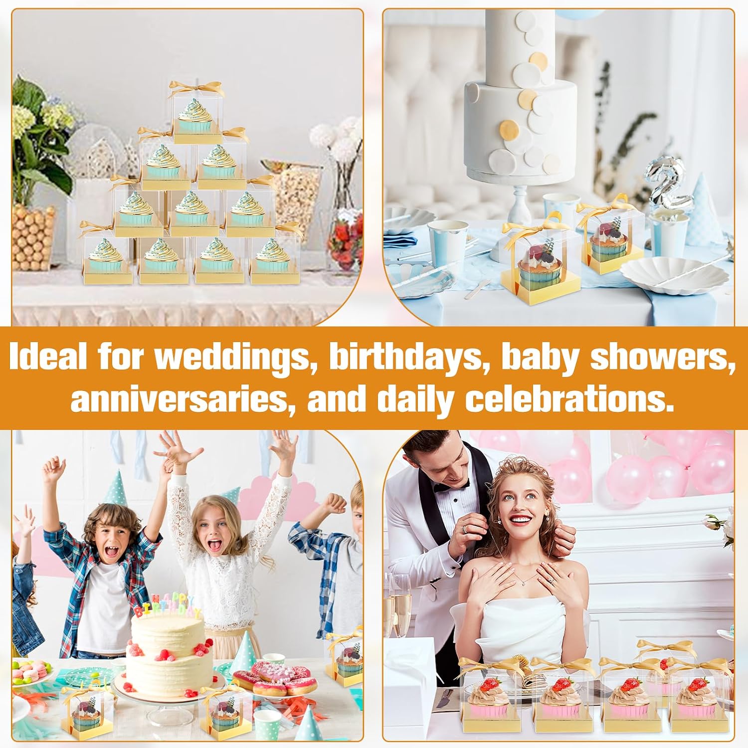 50 Pcs Clear Plastic Cupcake Boxes, 3.5 Inch Single Cupcake Containers, Individual Cup Cake Holder Boxes with Inserts and Ribbon, Cake Storage Holder for Wedding Kitchen Party Favor(Gold)