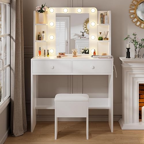 Haewon Vanity Desk with Lighted Mirror and Power Outlets, Makeup Vanity Set with Storage Drawer, Shelves and Chair, White Dressing Table with 3 Color Lighting Modes for Bedroom