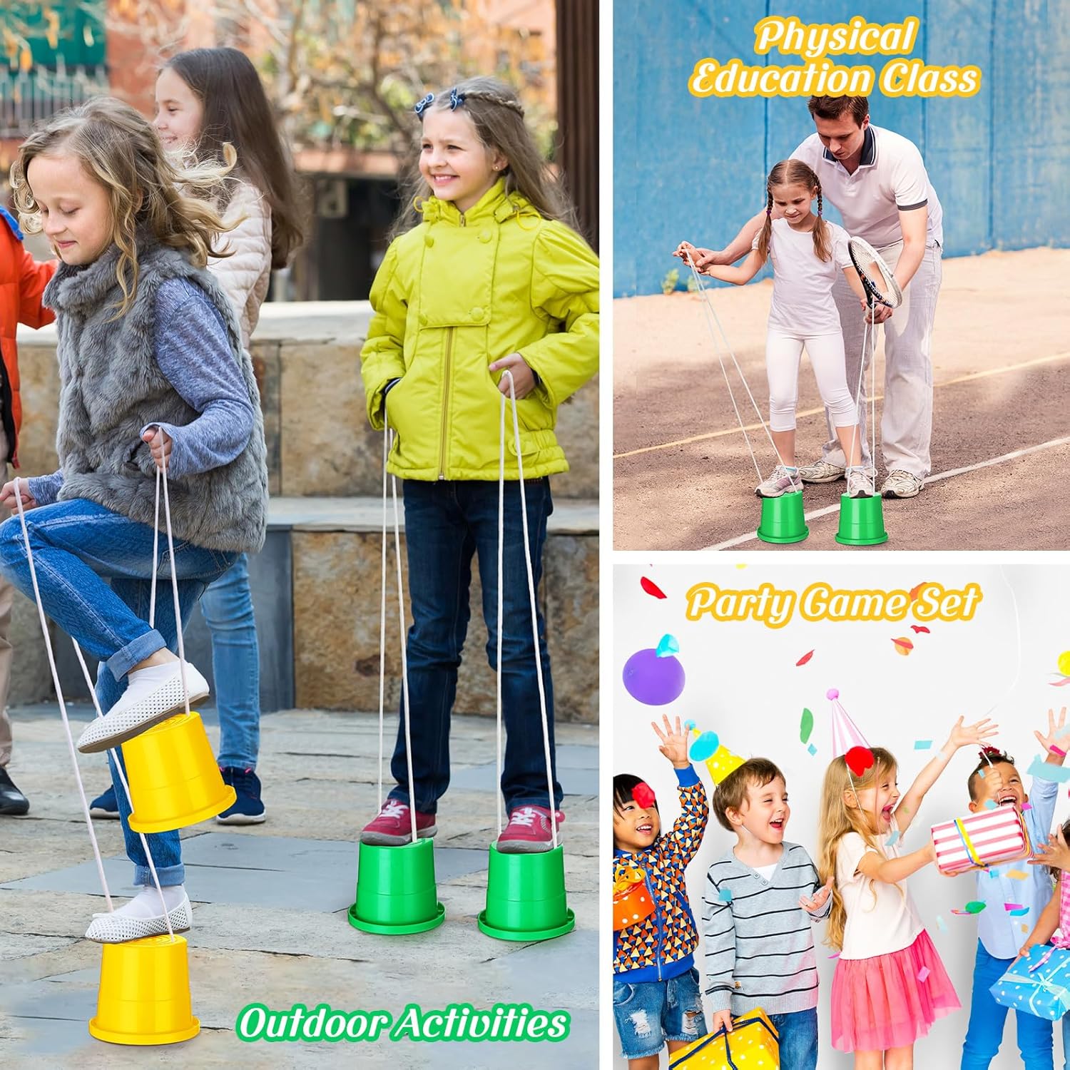 Meooeck 2 Pairs Walking Stilts Balancing Bucket Cup Thickened Plastic Stilts with Adjustable Rope for Kid Balance Coordination Birthday Playground Game Party Favor