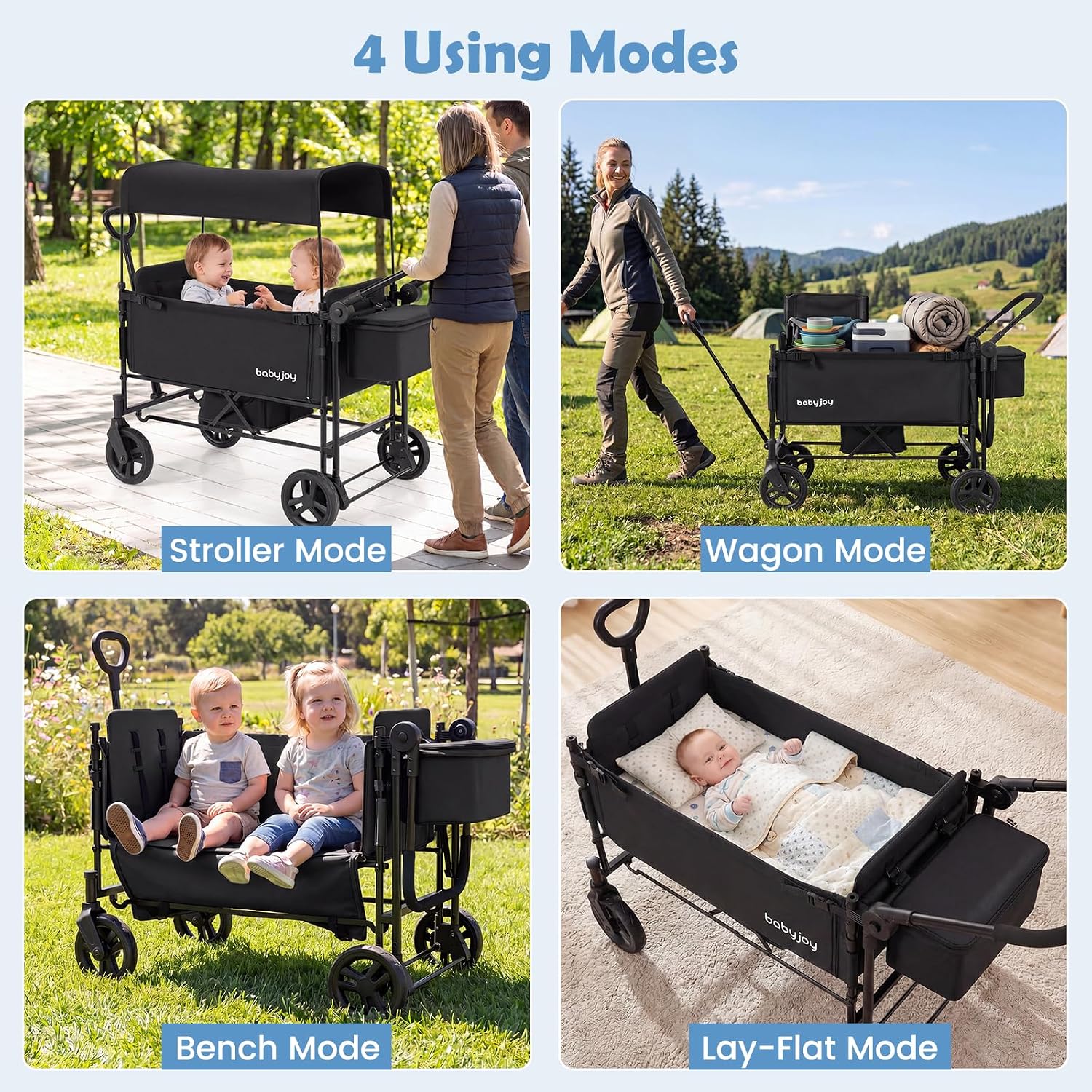 BABY JOY Wagon Stroller for 2 Kids, Foldable Side-Unzip Stroller Wagon with Adjustable Push/Pull Handle, Removable Canopy, Storage Bag, Harness & All-Terrain Wheels for Zoo, Beach & Travel (Black)