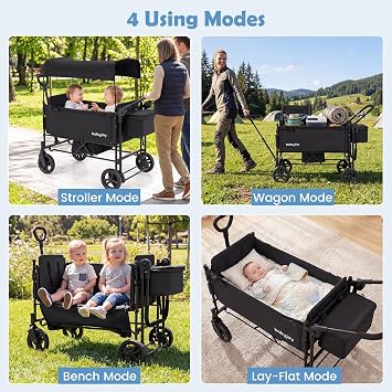 BABY JOY Wagon Stroller for 2 Kids, Foldable Side-Unzip Stroller Wagon with Adjustable Push/Pull Handle, Removable Canopy, Storage Bag, Harness & All-Terrain Wheels for Zoo, Beach & Travel (Black)