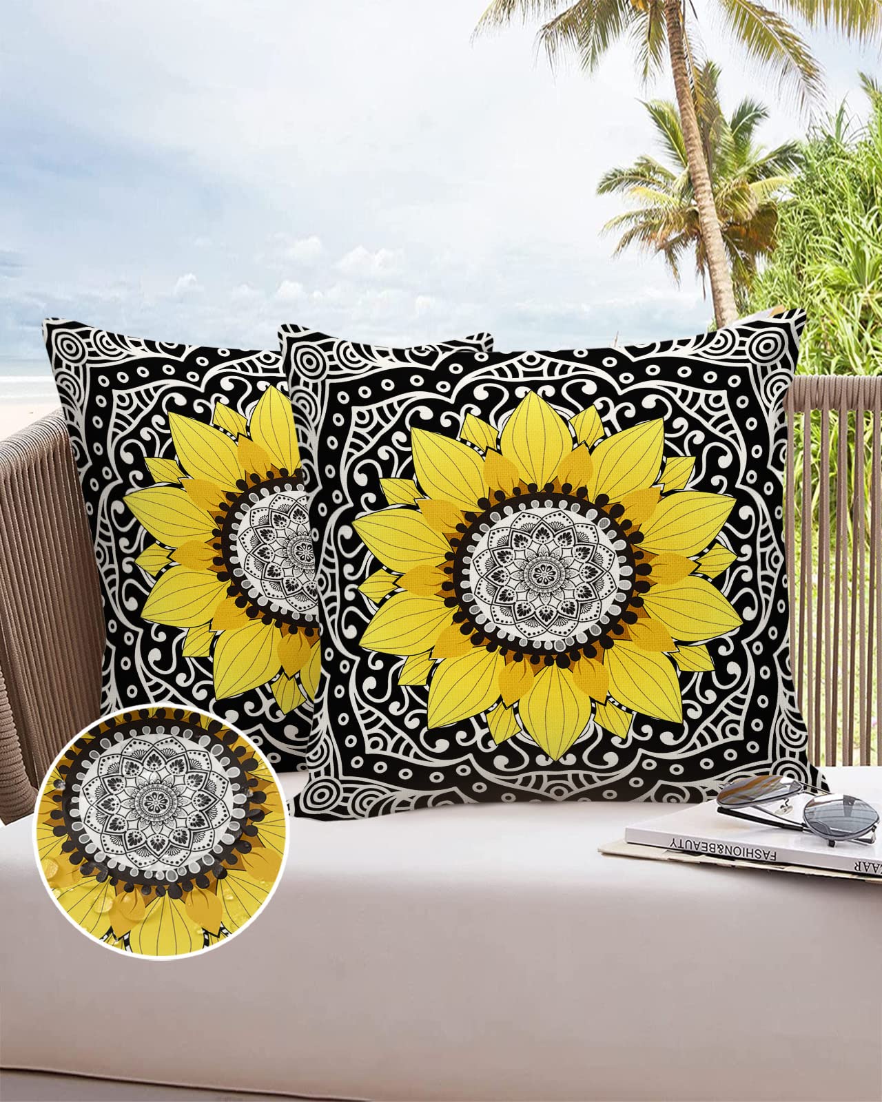 Outdoor Pillow Covers Waterproof, Center Black Mandala Texture Sunflower All Weather Cushion Case Set of 2, White Mandala Decorative Pillowcases for Sofa Couch Bed Decor Patio Furniture 20