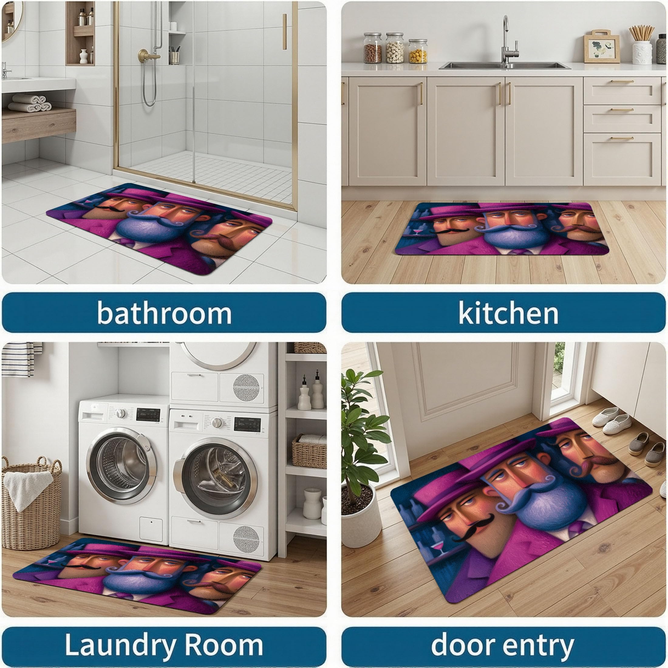 Tapis Entree Interieur Portrait Pop Art 60x90cm Lavable en Machine, paillasson AntidéRapant Poil Ras, Barbe Grand Père pour Chambre Salle a Manger Cuisine, Violet