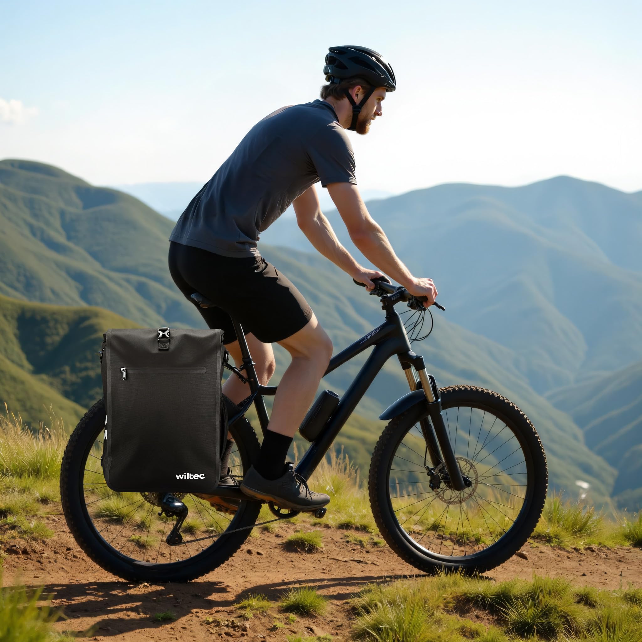 Wiltec Sacoche sac à dos étanche pour porte-bagages noire – capacité de 25 L – en 600D TPU – avec compartiment pour ordinateur portable – pour vélos et vélos électriques – Sac de bicyclette – Cyclisme