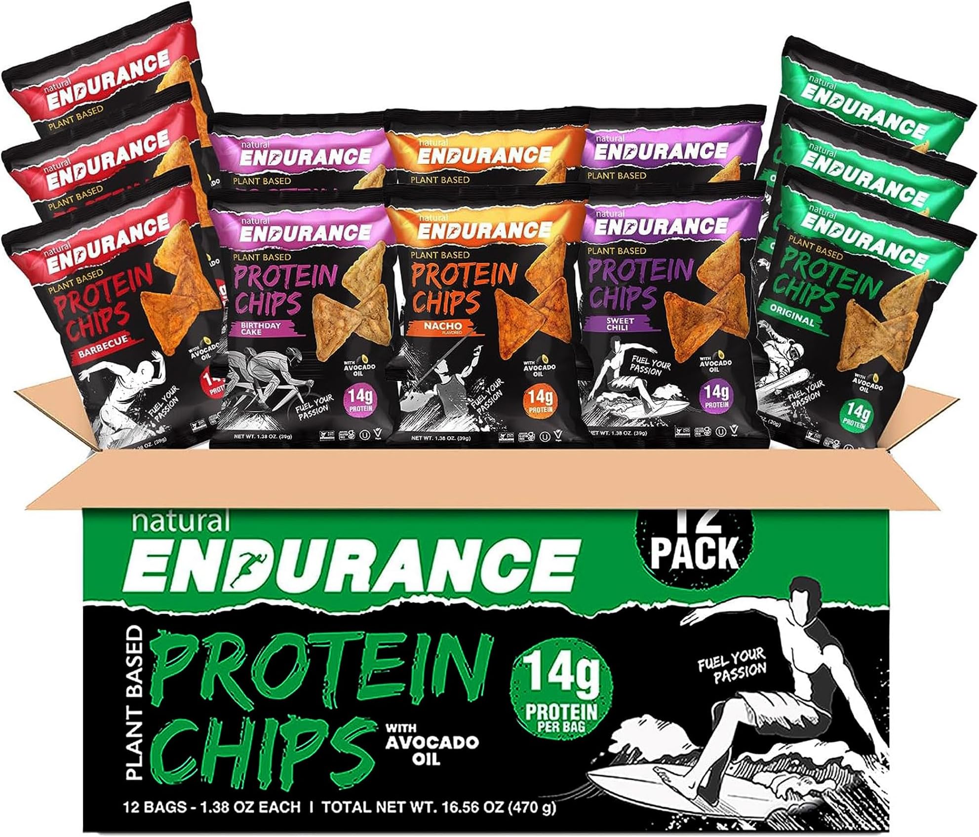 Natural Endurance Protein Chips - Nacho Chips, Low Carb Chips, High Protein Snack, Vegan Protein with Avocado Oil, 14g Protein Per Bag, Gluten Free - Nacho Flavor, 1.38 oz Bags (Pack of 12)
