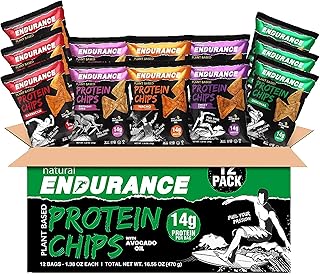 Natural Endurance Protein Chips - Low Carb Chips, High Protein Snack, Vegan Protein with Avocado Oil, 14g Protein Per Bag, Gluten Free, Nacho, BBQ, Chili, Birthday Cake, Original - Variety Pack, 1.38 oz Bags (Pack of 12)