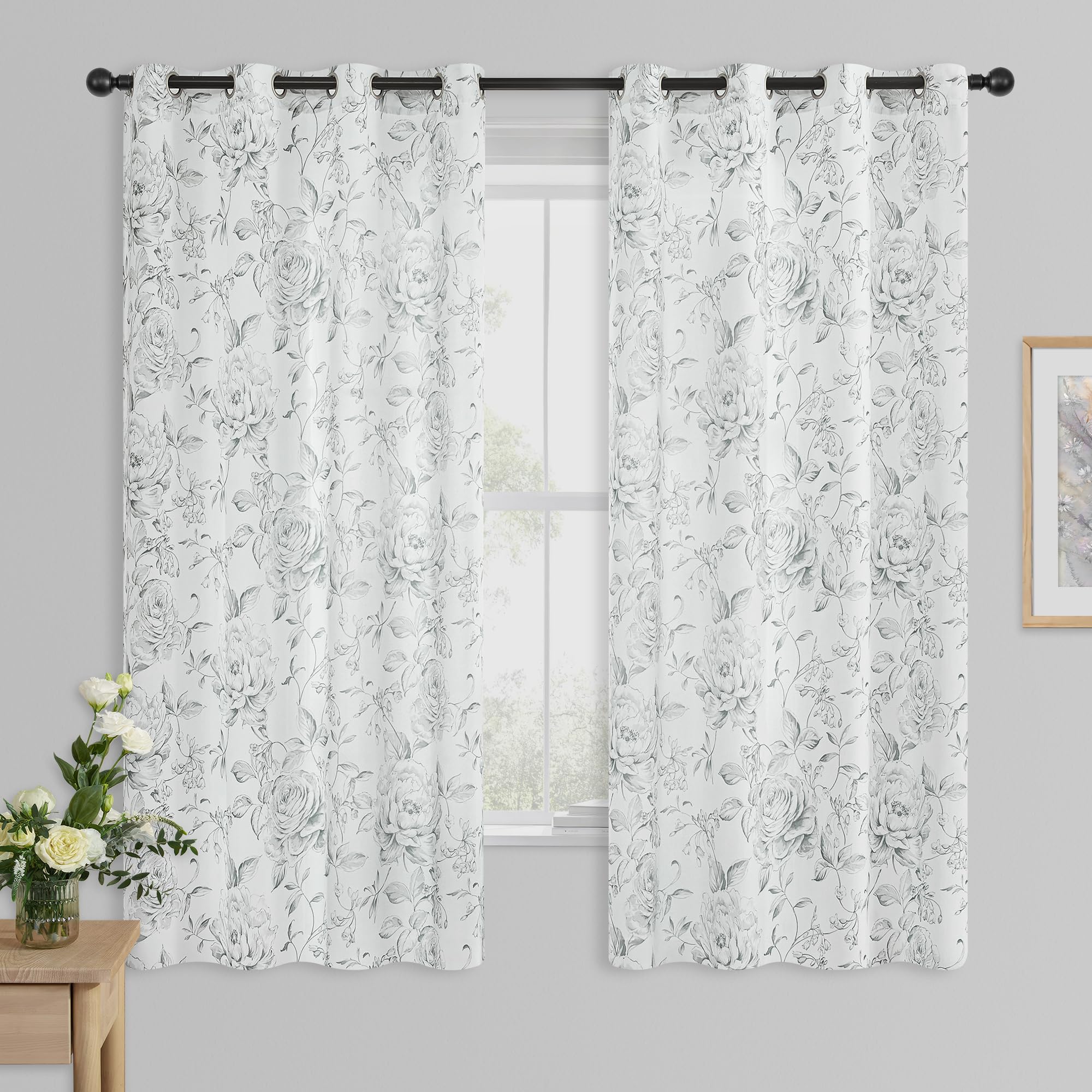 Beauoop Floral Curtains 63 Inches Long 2 Panels for Bedroom Living Room Grey Rose Flower Patterned Farmhouse Light Filtering Room Darkening Privacy