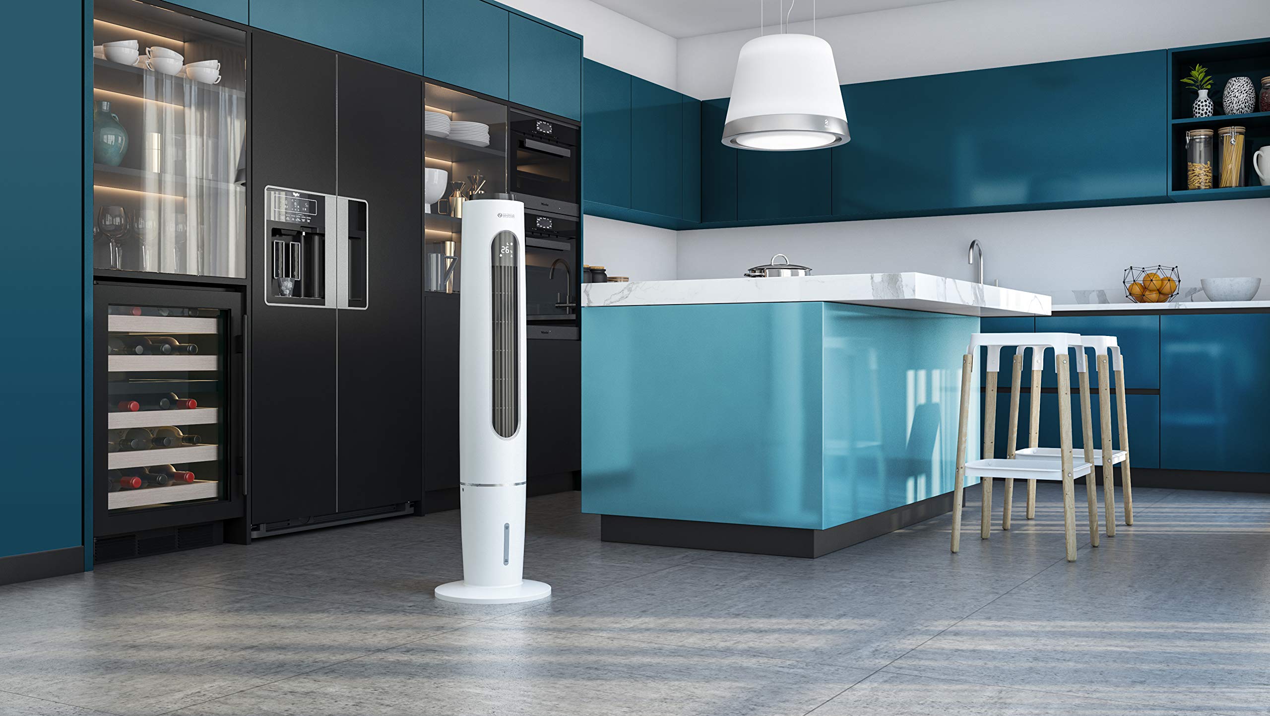 Olimpia Splendid 99312 Peler Tower Raffrescatore Ionizzatore a Torre con Base oscillante Timer e Tanica 3,5 Litri, 300 m3/h, 65 W, Bianco
