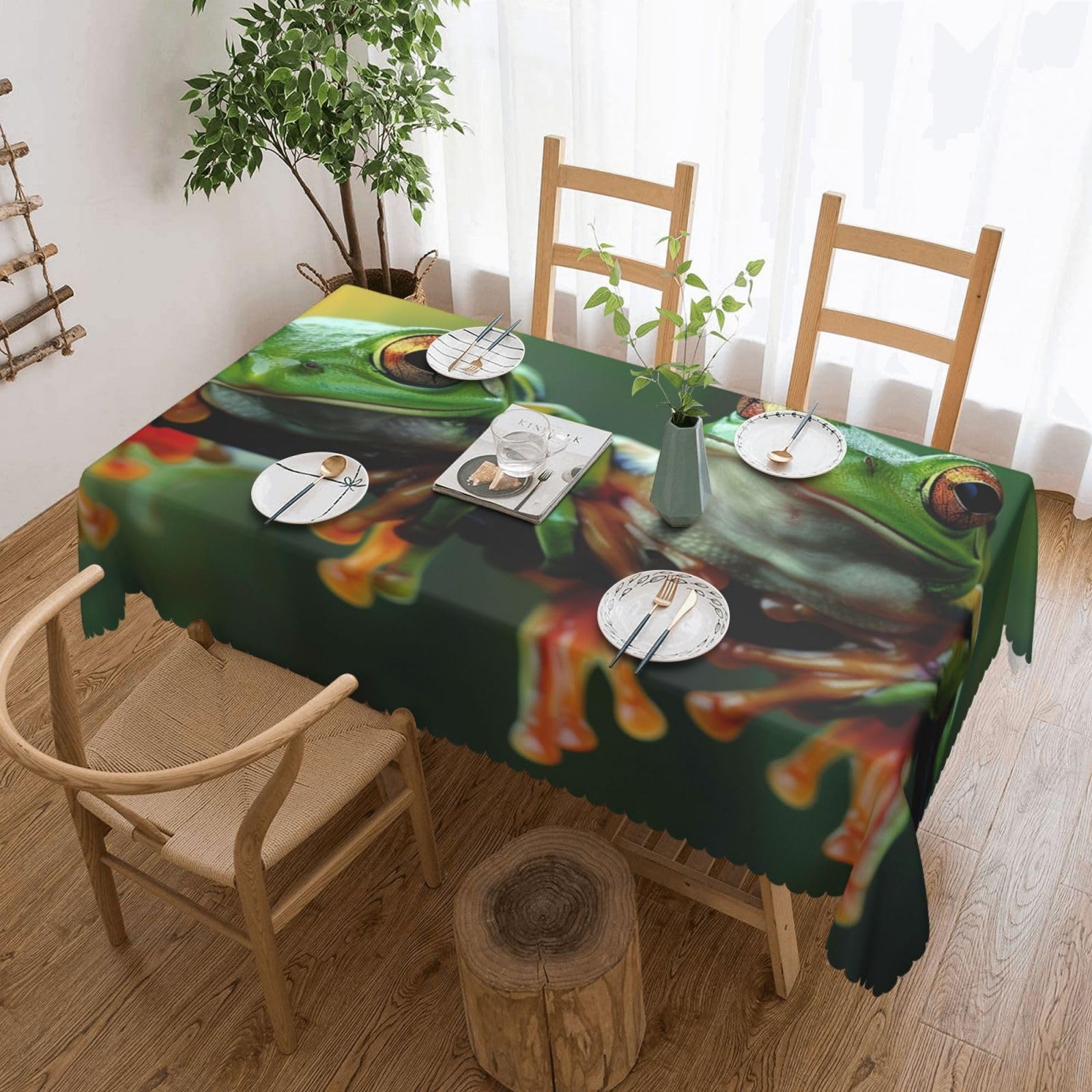 WPKJU Funny Frogs Printed Rectangle Tablecloth 72x54 Inch with Lace Trim, Water-Resistant Washable Table Cover for Farmhouse Weddings, Outdoor Picnics & Holiday Dining