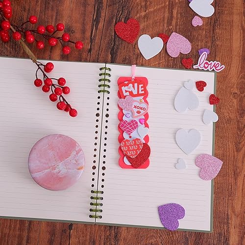 Miniatura 6 de Kit de manualidades, marcapáginas de bricolaje para decoración de San Valentín, 36 juegos de calcomanías de corazón autoadhesivas para niños,