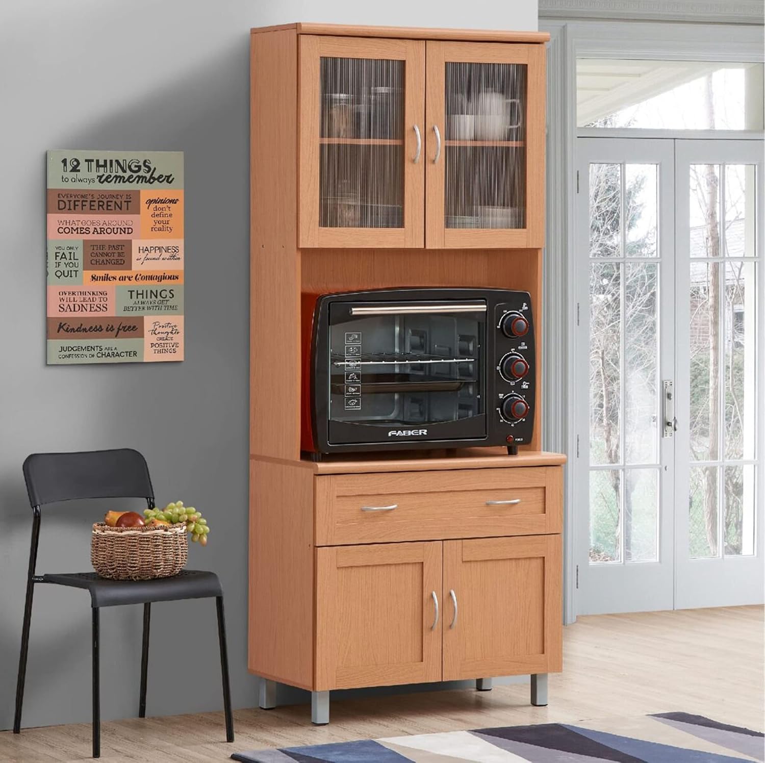 HODEDAH IMPORT Tall Standing Kitchen Cabinet with Top and Bottom Enclosed Cabinet Space, 1-Drawer, Large Open Space for Microwave in Beech