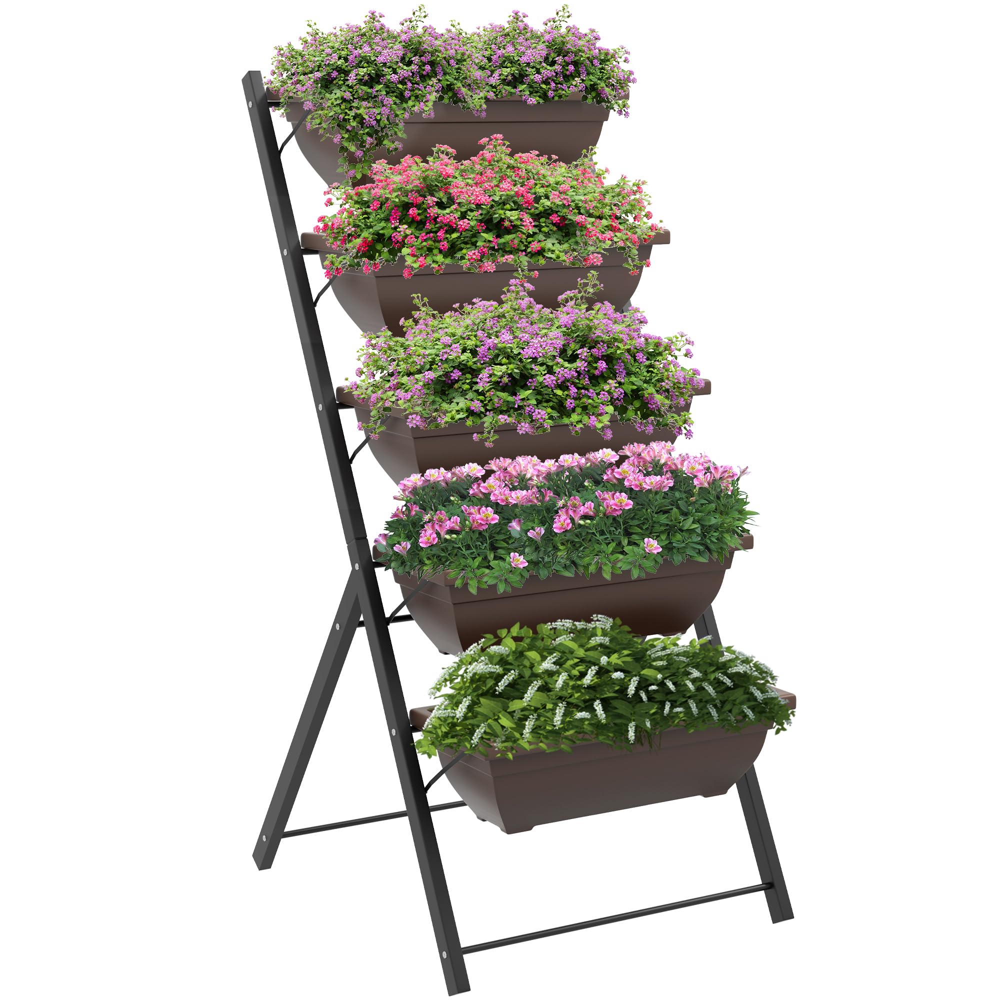 Outsunny Jardinière Surélevée avec Étages Verticale Cadre en Acier Marron | 5 Bacs à Fleurs, Trous de Drainage avec Bouchons en Caoutchouc, Escalier pour Plantes, Légumes, Herbes