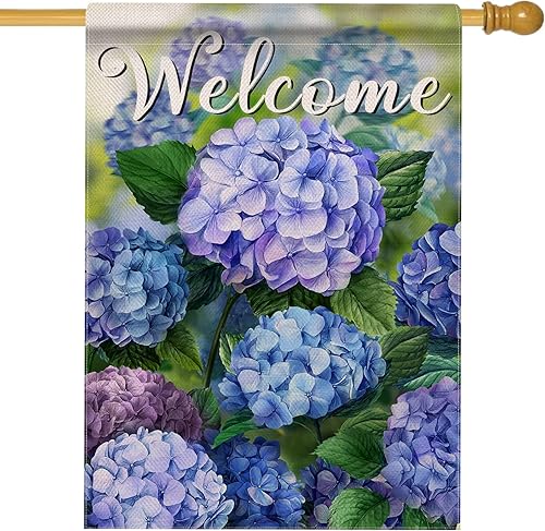 Hzppyz Bandera de bienvenida con flores florales de primavera de doble cara, hortensias decorativas para jardín, patio, decoración grande al aire