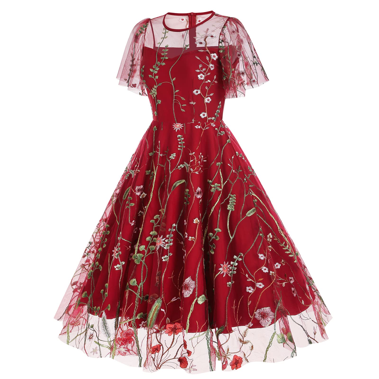 Vestido de tul con bordado floral para mujer, de malla transparente, estilo vintage, para cóctel, boda, fiesta, graduación, vestido de noche