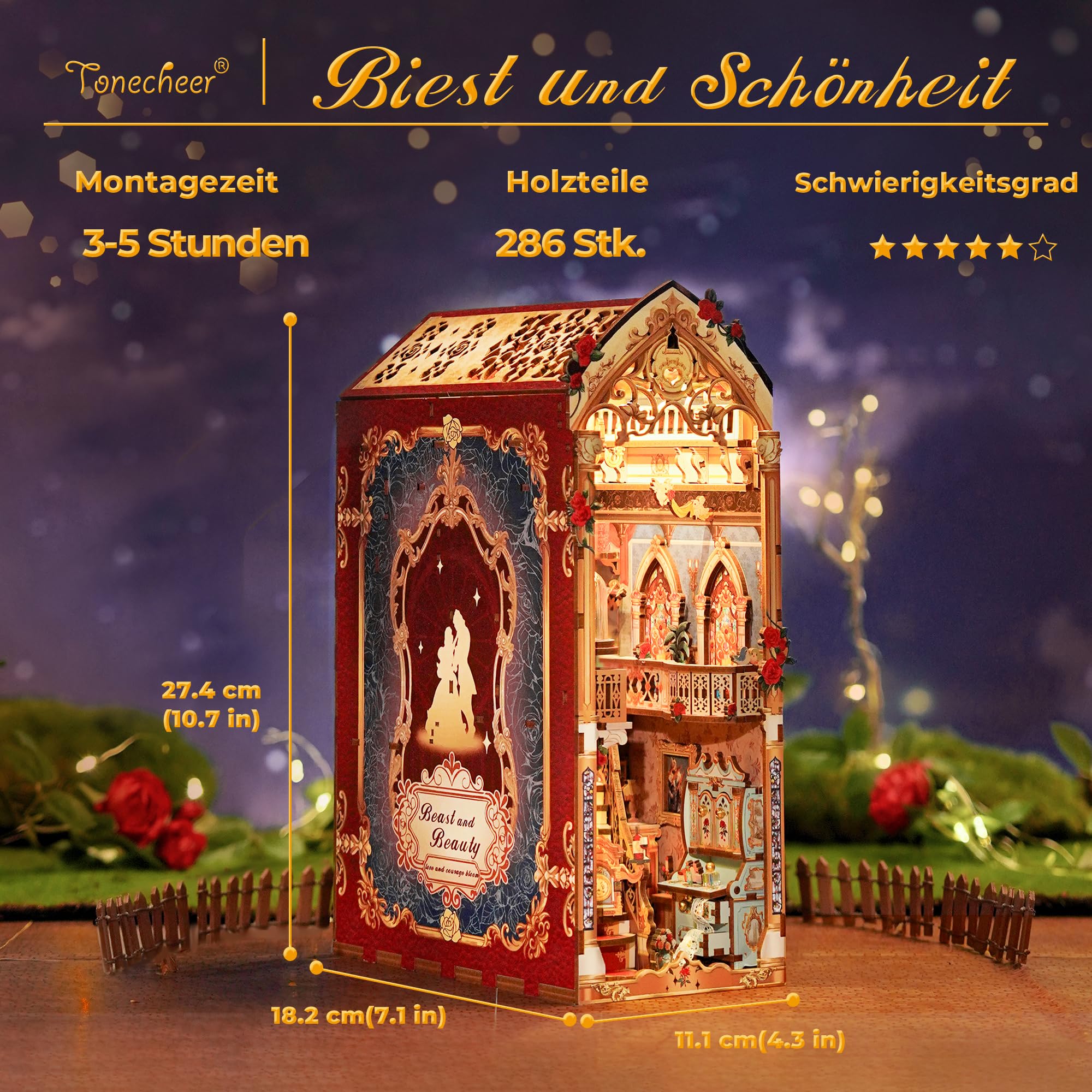 Tonecheer Book Nook Kit mit Staubschutz und LED-Licht, 3D Puzzle Buchstützen aus Holz, Kreative Buchstütze für Bibliothek, DIY Set Erwachsene Geschenkideen(Die Schöne und das Biest)