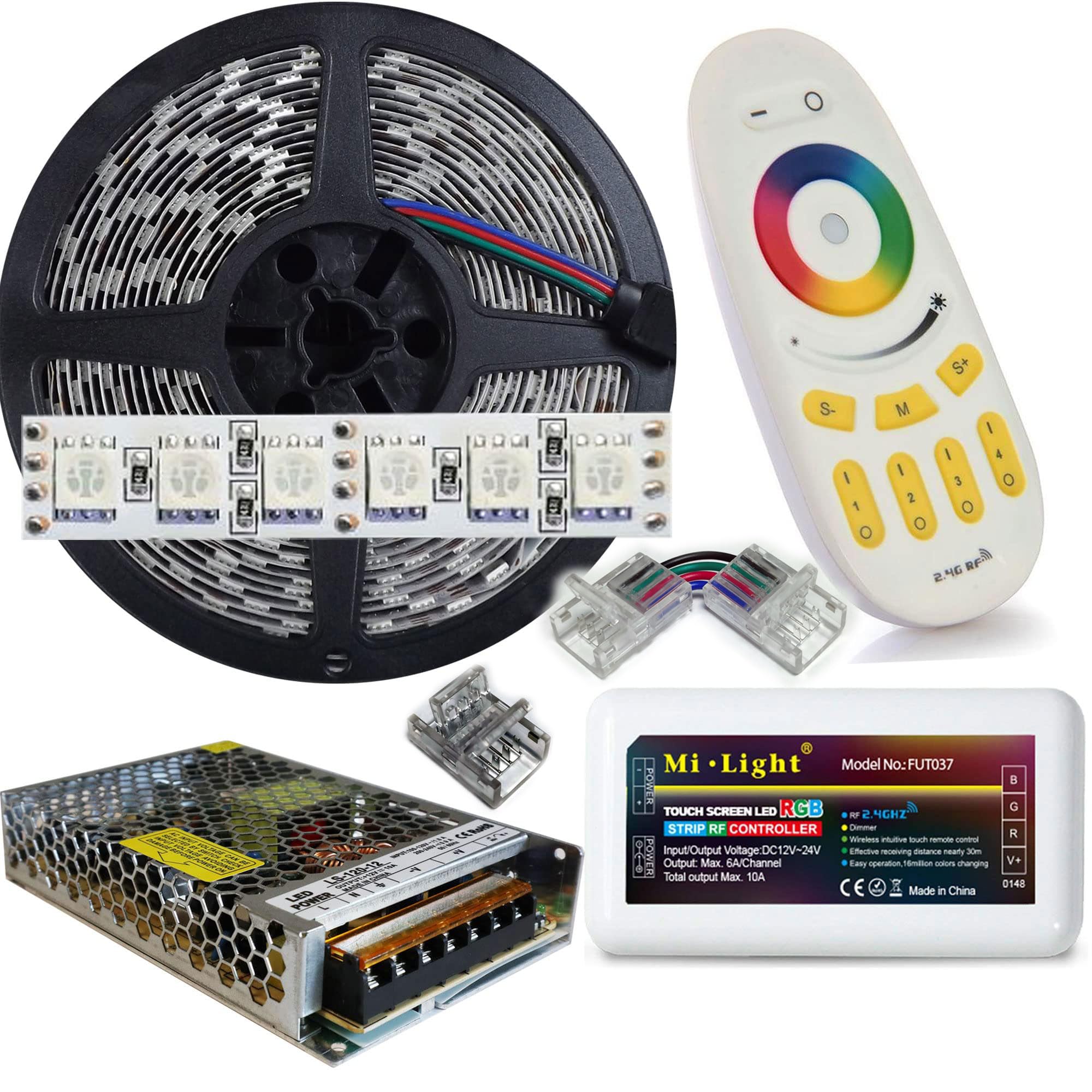 Kit da 5mt Striscia Led RGB composto da 1 Bobina NON Waterproof ip20 + 1 Trasformatore da 120W 12V e 1 Controller +1 Telec. Con 600 Led RGB sviluppa 9000 Lumen