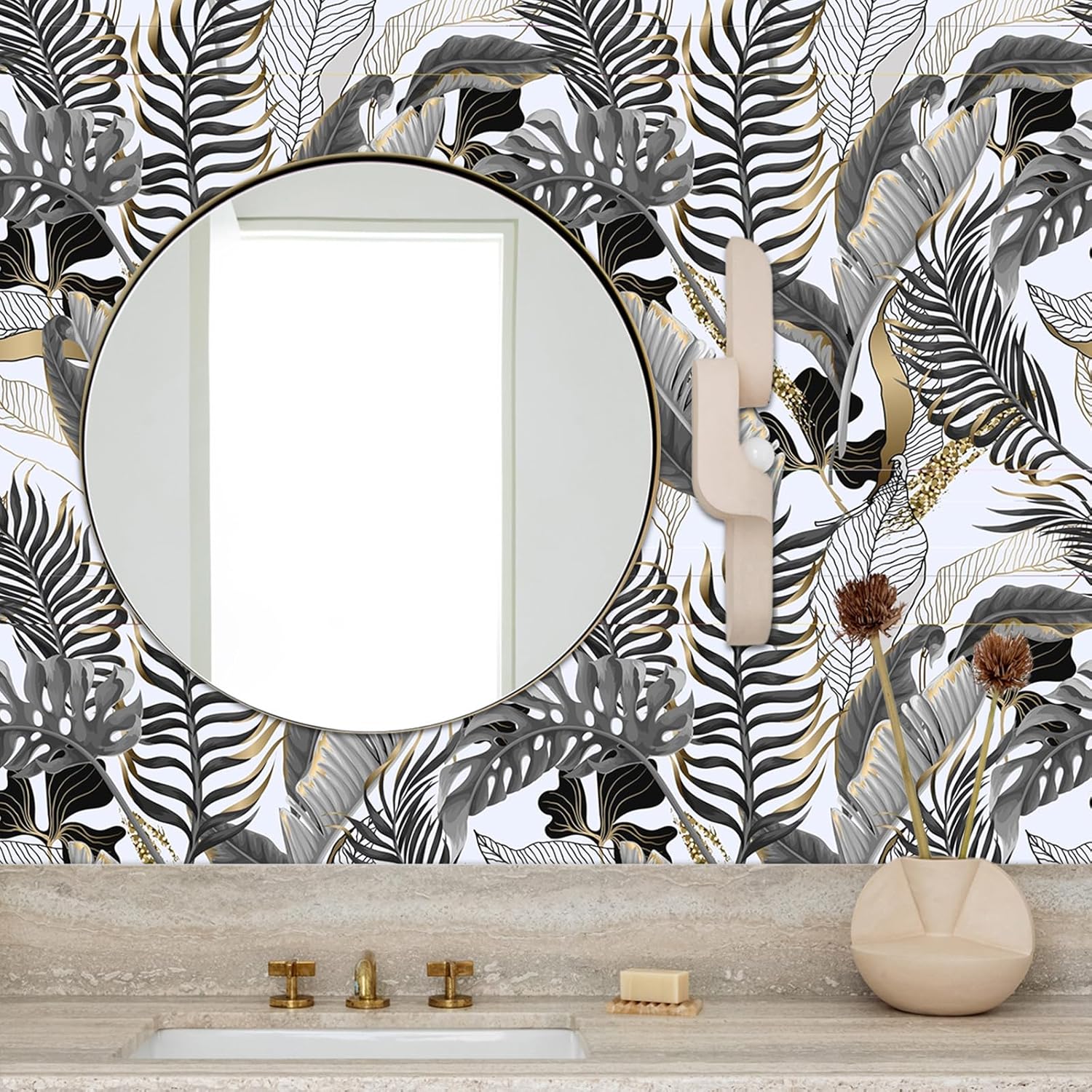 Modern Black/Gray/Gold Peel and Stick Wallpaper Tropical Leaf Self Adhesive Waterproof Contact Paper Removable Decorative Vinyl Wallpaper for Living Room Bedroom Cabinets 17.71" X 118.1"