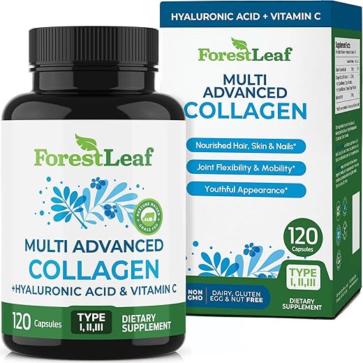 ForestLeaf - Collagen Pills with Hyaluronic Acid & Vitamin C - Reduce Wrinkles, Tighten Skin, Boost Hair, Skin, Nails & Joint Health - Hydrolyzed Collagen Peptides Supplement - 120 Capsules