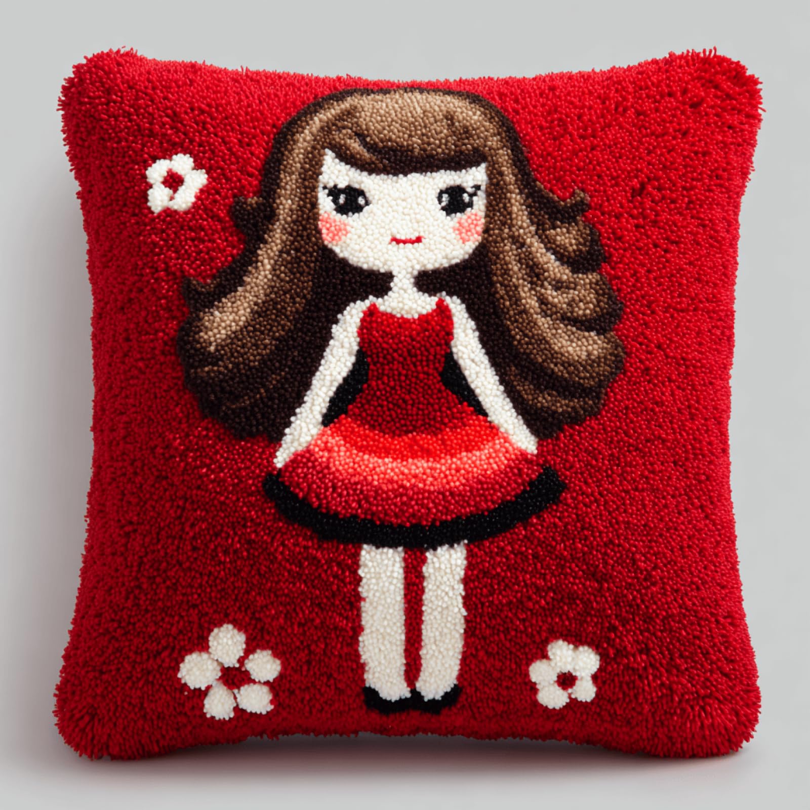 XDEGHUANGSS Latch Hook Cushion Kit,Cute Girl Pattern DIY Pillow Cover,Beginner Friendly Tufting Yarn Craft Kit,Handmade Sofa Cushion Cover,Latch Hook Pillow Kit for Home Decor & Gift,43x43 cm