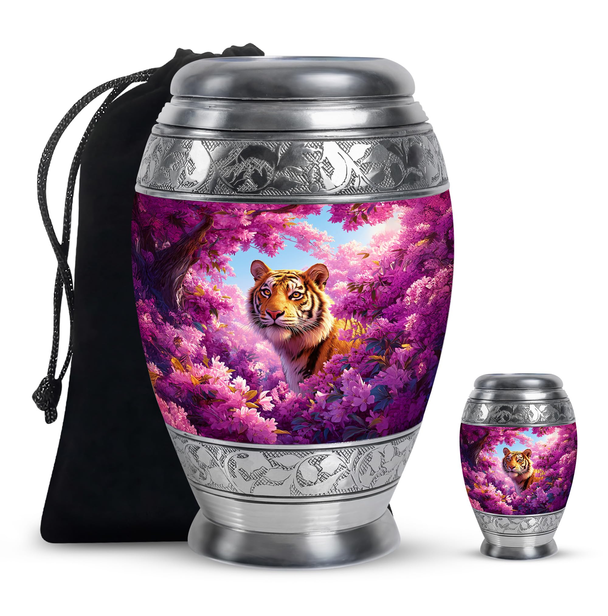 Tiger and Flowers Urn, Burial Urns for Family, Ash Container for Mother and Father, Urn for Human Remains, Cremation Urns for Mom and Dad, 10 Inch Tall, 3 Inch Keepsake, Blue and Pink