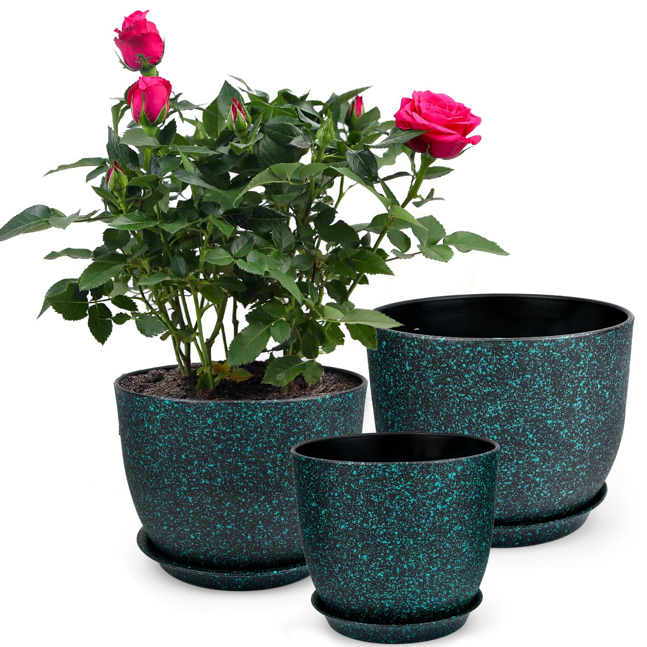 TMBMLPP 3 pcs Plant Pots Indoor, Plant Pots, 20/23/25cm Black Plastic Plant Pots with Green Speckles, Flower Pots, Plastic Planters with Drainage Holes and Saucers, for House Plants, Flowers Plants