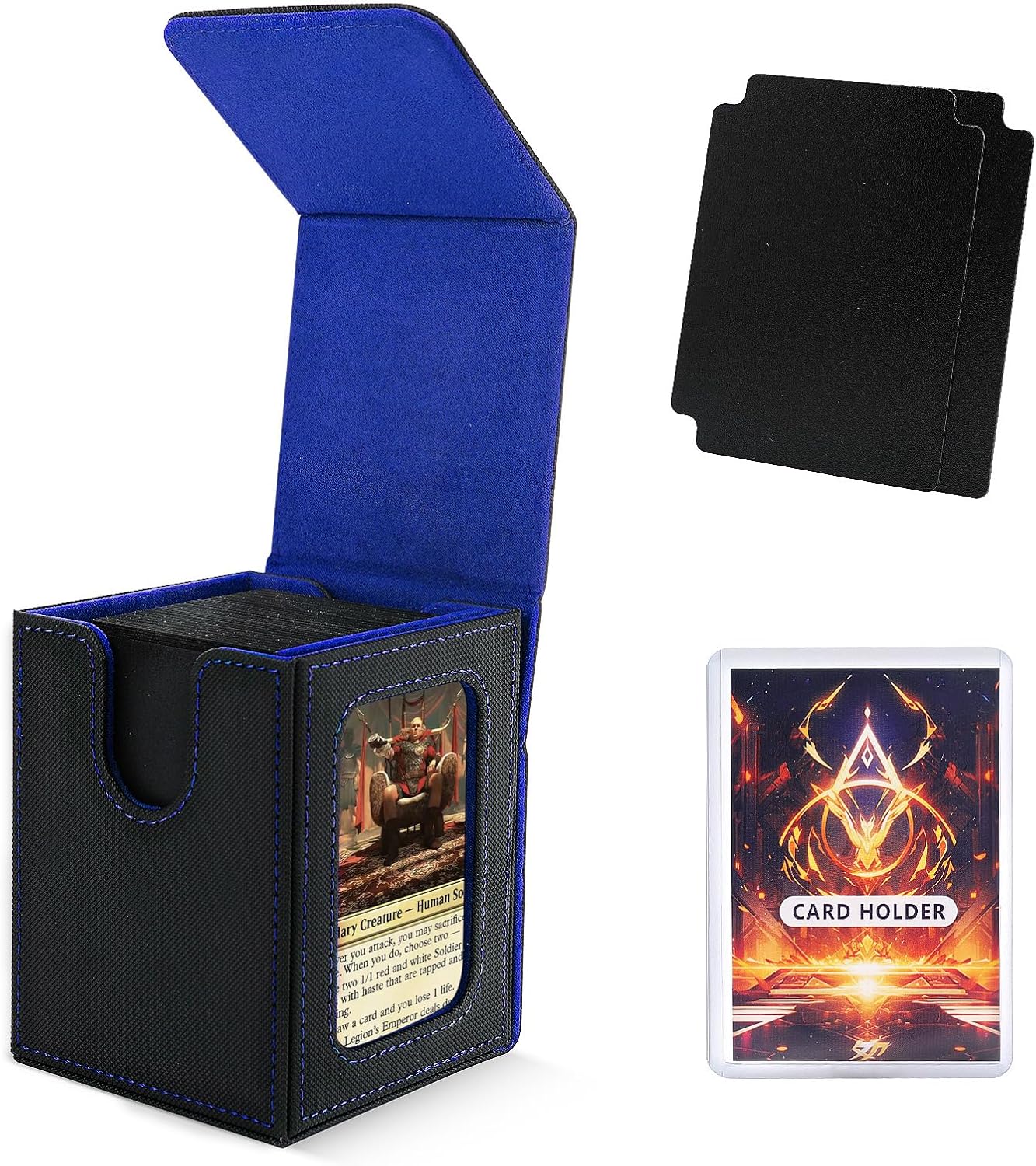 MTG Deck Box for Commander Display,Card Deck Case Fits 100 Double Sleeved Cards, Magic Commander TCG Card Leather Storage Box with 2 Dividers and 1 Toploader (Black/Blue)