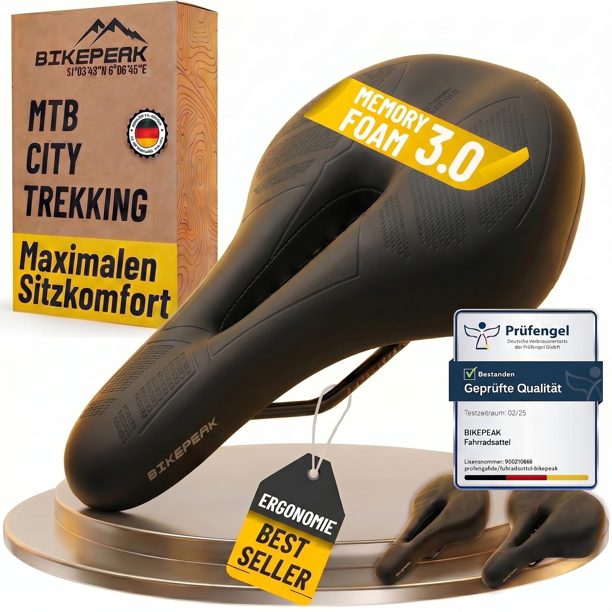 Fahrradsattel Damen & Herren - Bequem, Ergonomisch und Schmerzfrei - Atmungsaktiver Memory-Schaum Gel - Schwarz, Wasserabweisend - für City, Trekking oder MTB Fahrrad