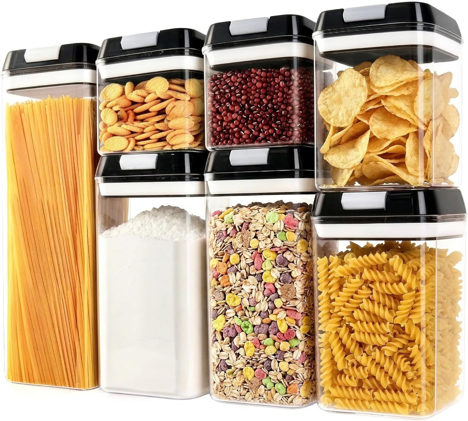 OMIO Airtight Food Storage Containers 7 Pcs, BPA-Free Kitchen Canisters with Intrusive Seal Lids & Silicone Gasket for Cereal, Flour, Pasta - Leak Proof, Stackable Pantry Organizers