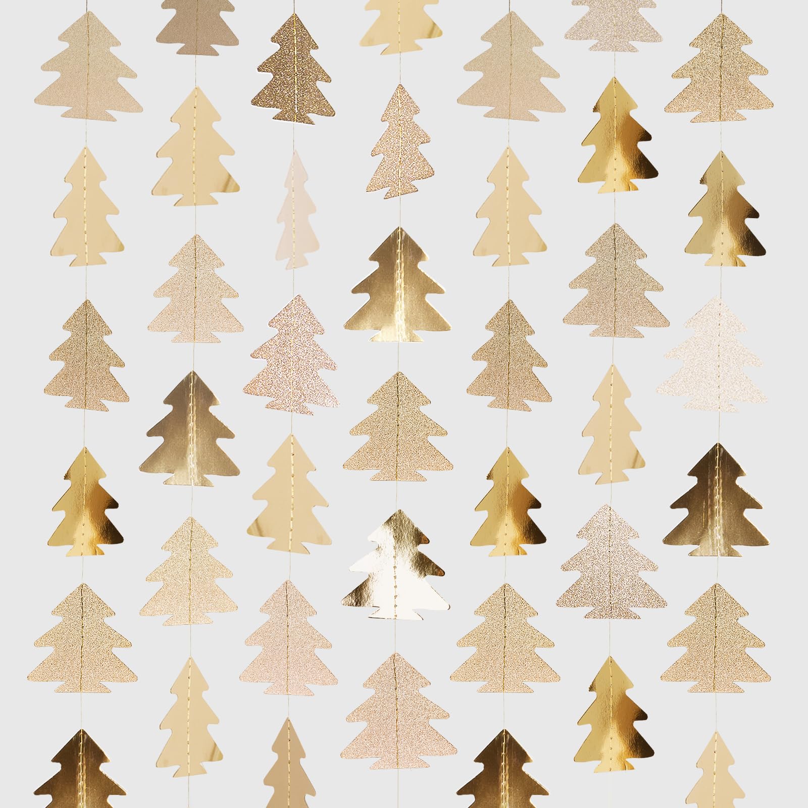 jijAcraft Christmas Tree Paper Garland: 3PCS Reflective Champagne Gold Tree Hanging Paper Streamer, 13.5M Hanging Bunting Decorations for Christmas Party Supplies