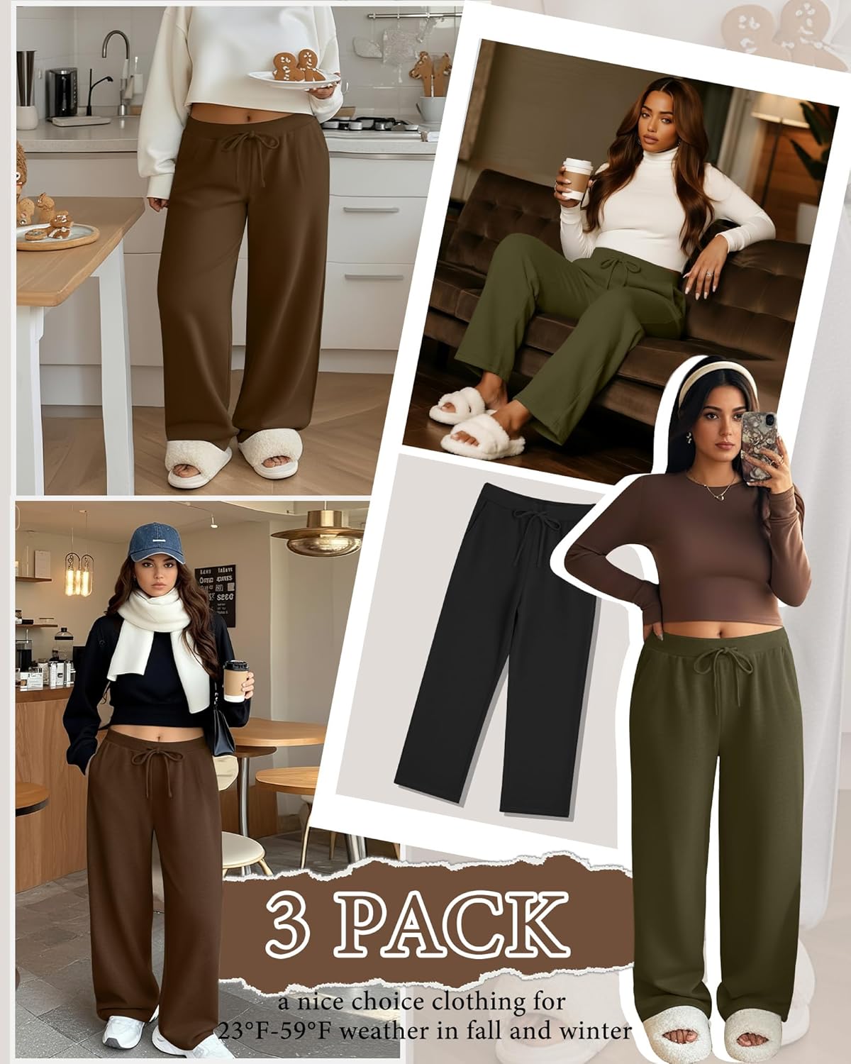 3 Pack Women's Plus Size Lounge Pants Fleece Lined Wide Leg Sweatpants Drawstring Yoga Winter Clothes with Pockets - Image 4