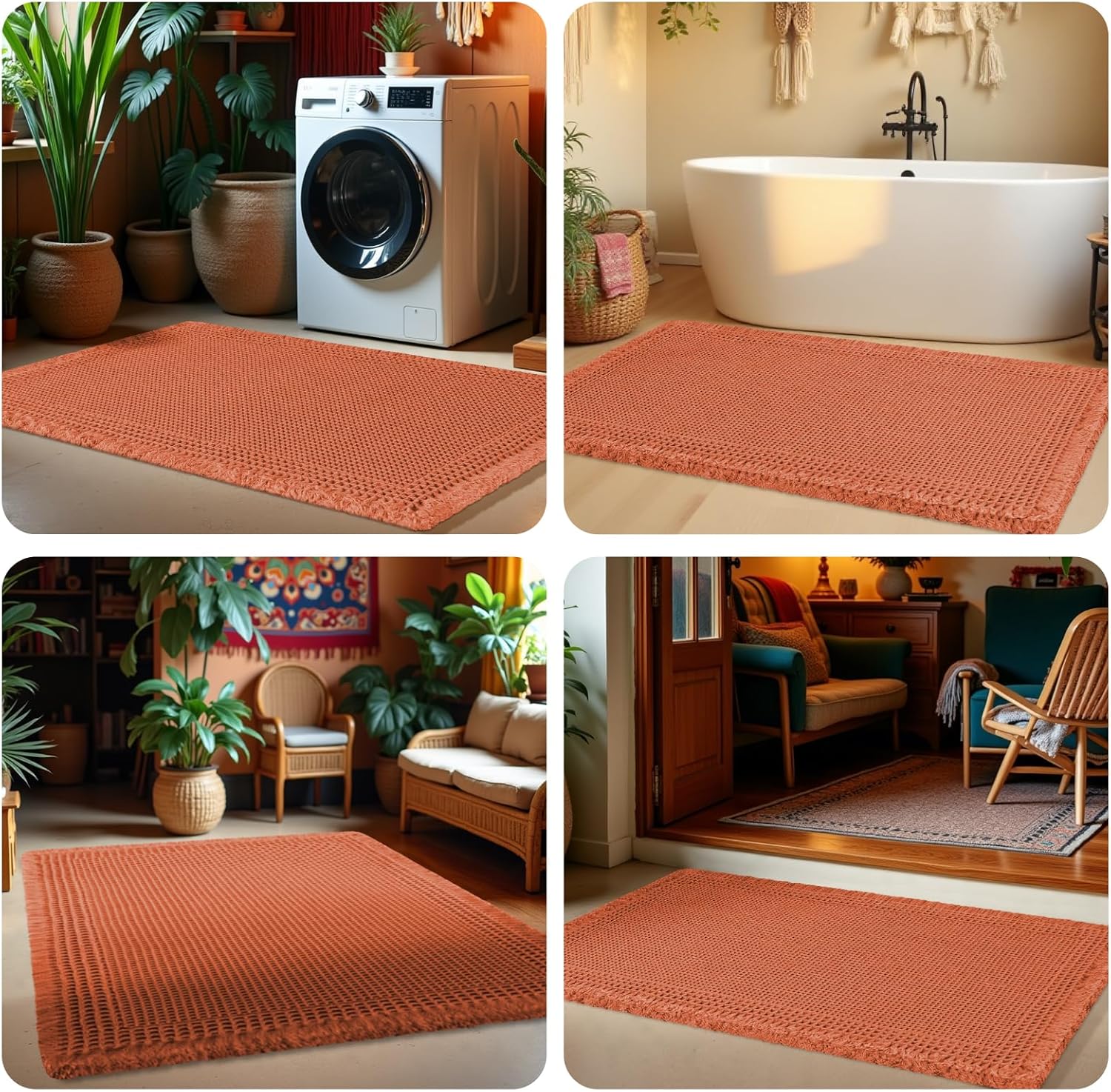 Upgrade Waffle Bath Mat, Boho Bathroom Rugs Absorbent Non Slip, Ultra Soft Bathroom Mat, Machine Washable Knit Bath Rugs with Herringbones for Bathroom, Bedroom, Kitchen, Tub, 32"x20", Burnt Orange