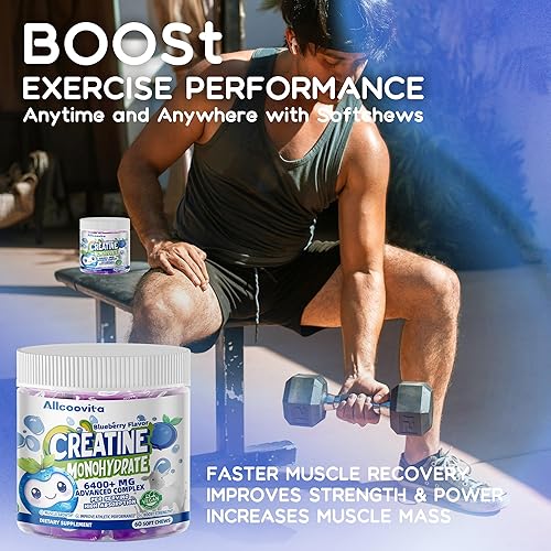 Miniatura 10 de Complejo masticable de monohidrato de creatina, 6400 mg para hombres y mujeres, fórmula avanzada con L-taurina + vitamina B12, suplemento masticable