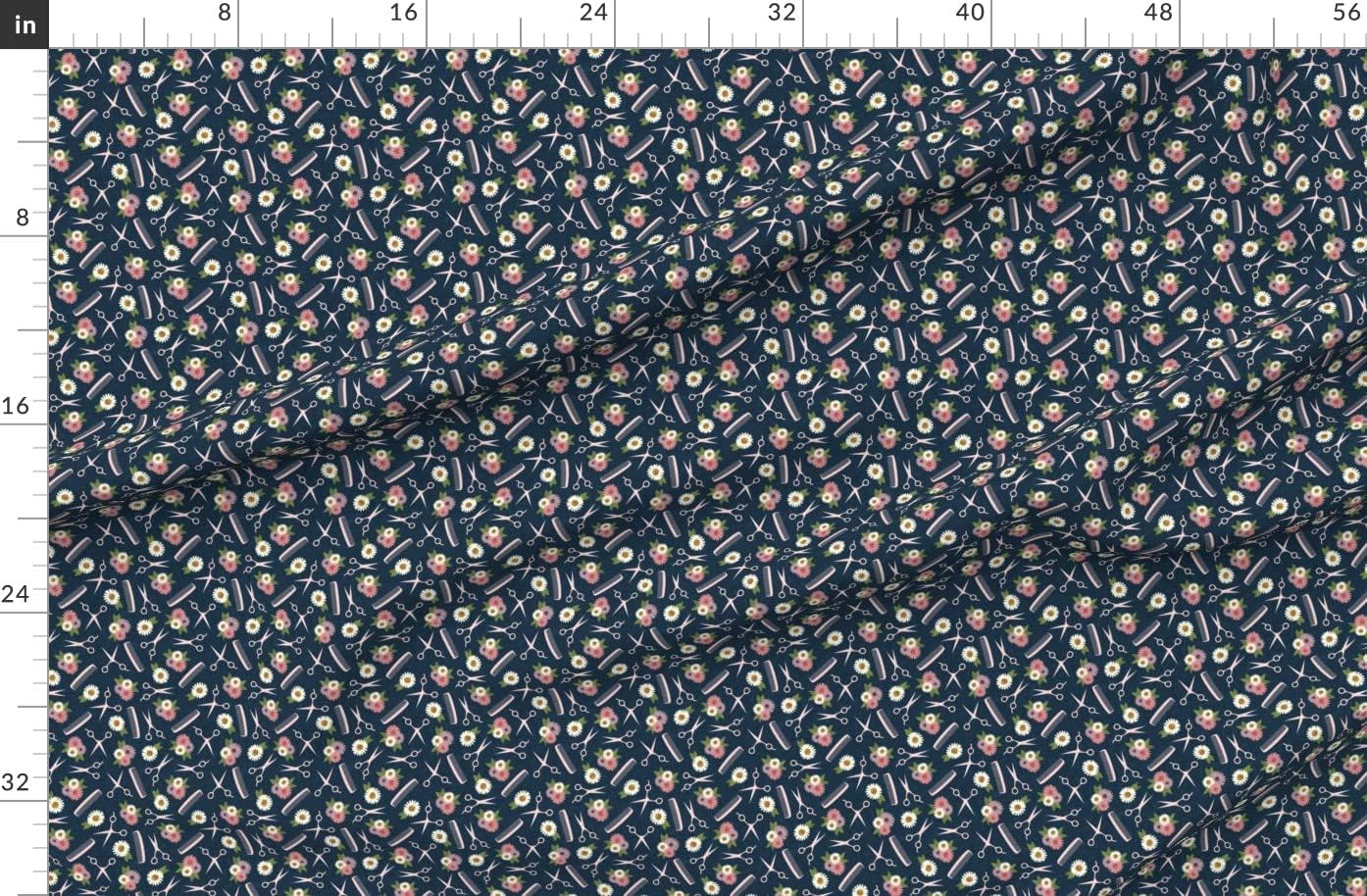 Spoonflower Fabric - Floral Pink Blue Stylist Hairdresser Flowers Hair Scissors Tools Printed on Organic Cotton Sateen Fabric by The Yard - Sewing Quilting Apparel Home Decor