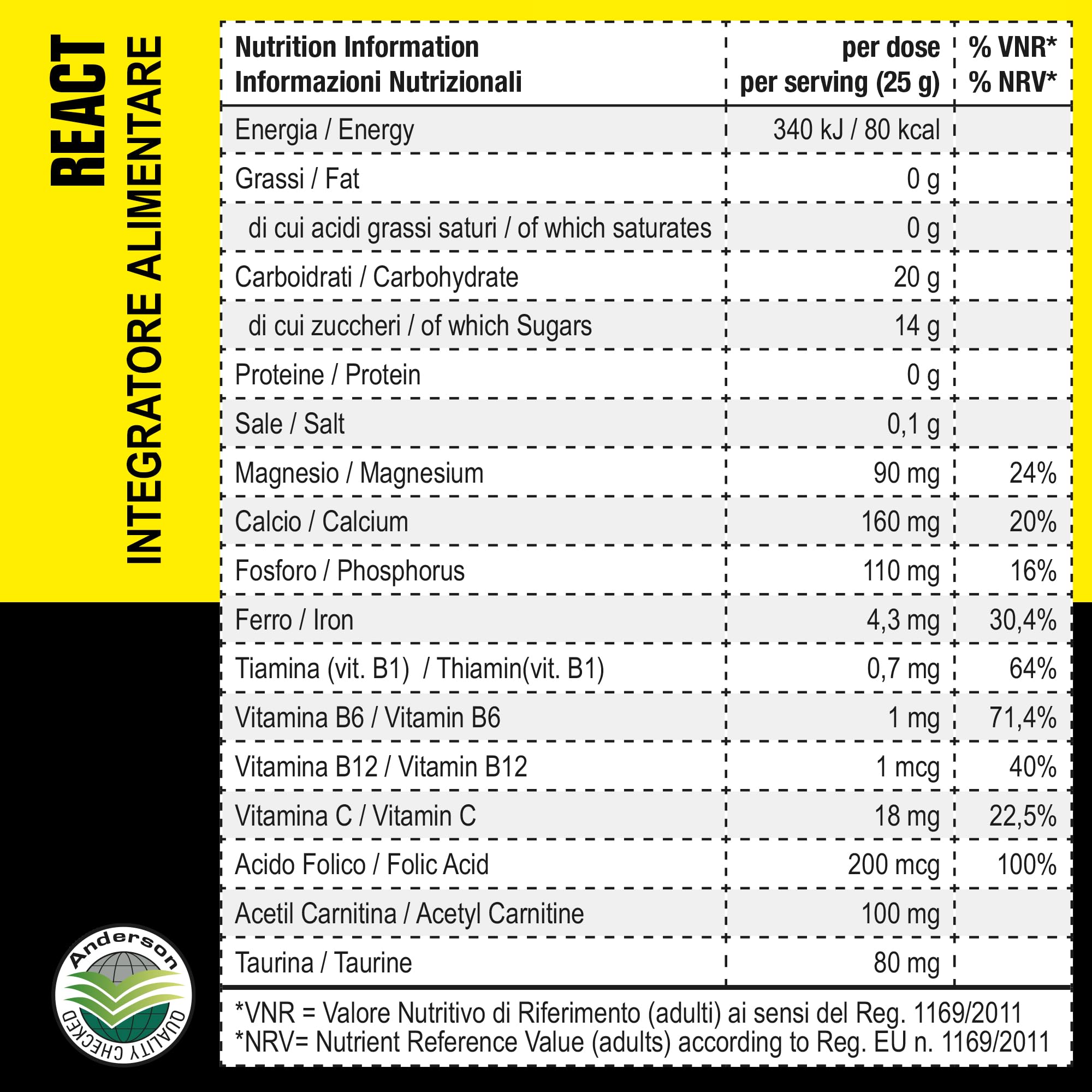 INTEGRATORE DI SALI E VITAMINE CON CARNITINA ANDERSON REACT 20 BUSTINE (l'imballaggio può differire)