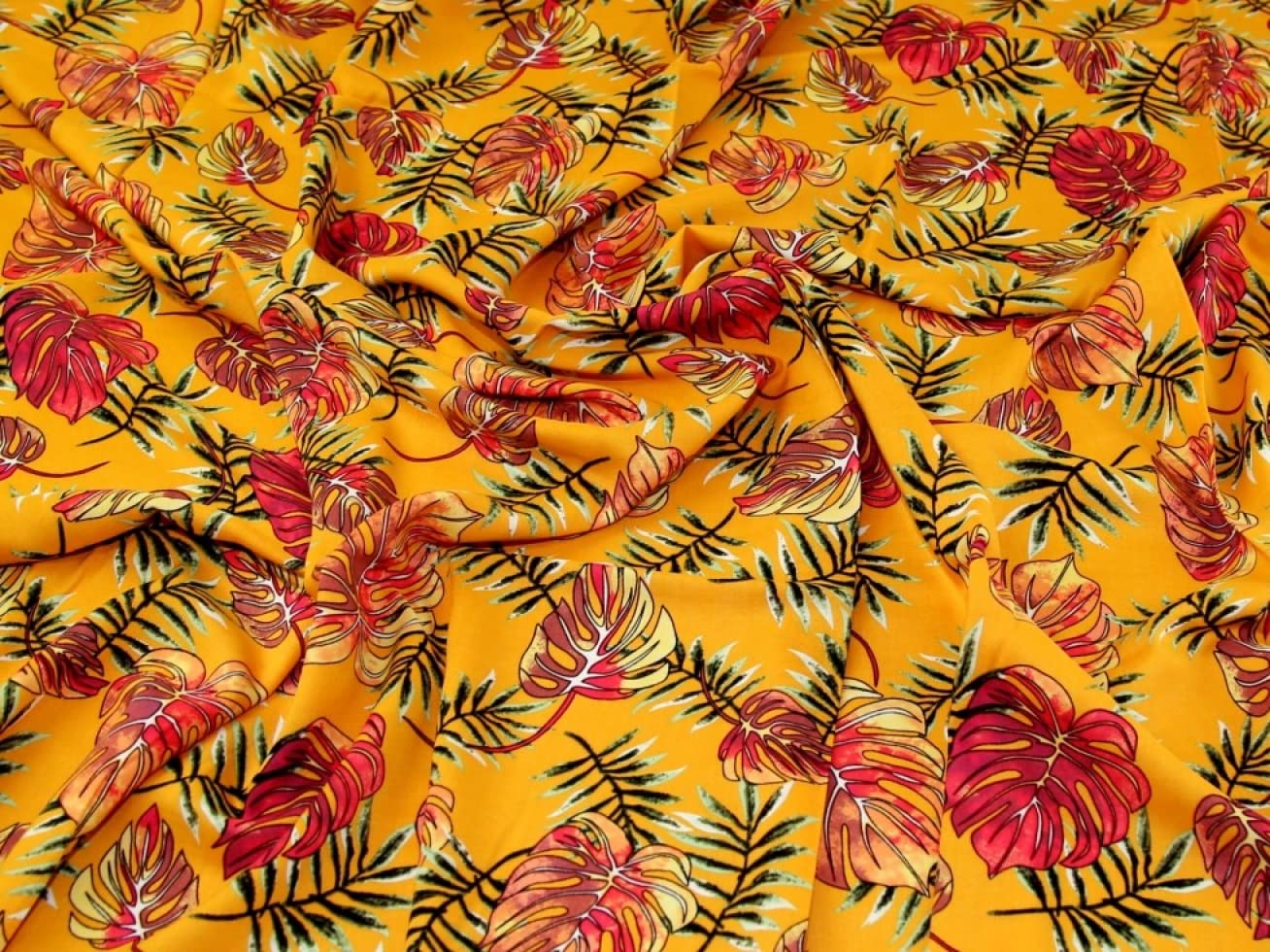 Minerva Amber Viscose Challis Fabric Plants - Sold Per Metre
