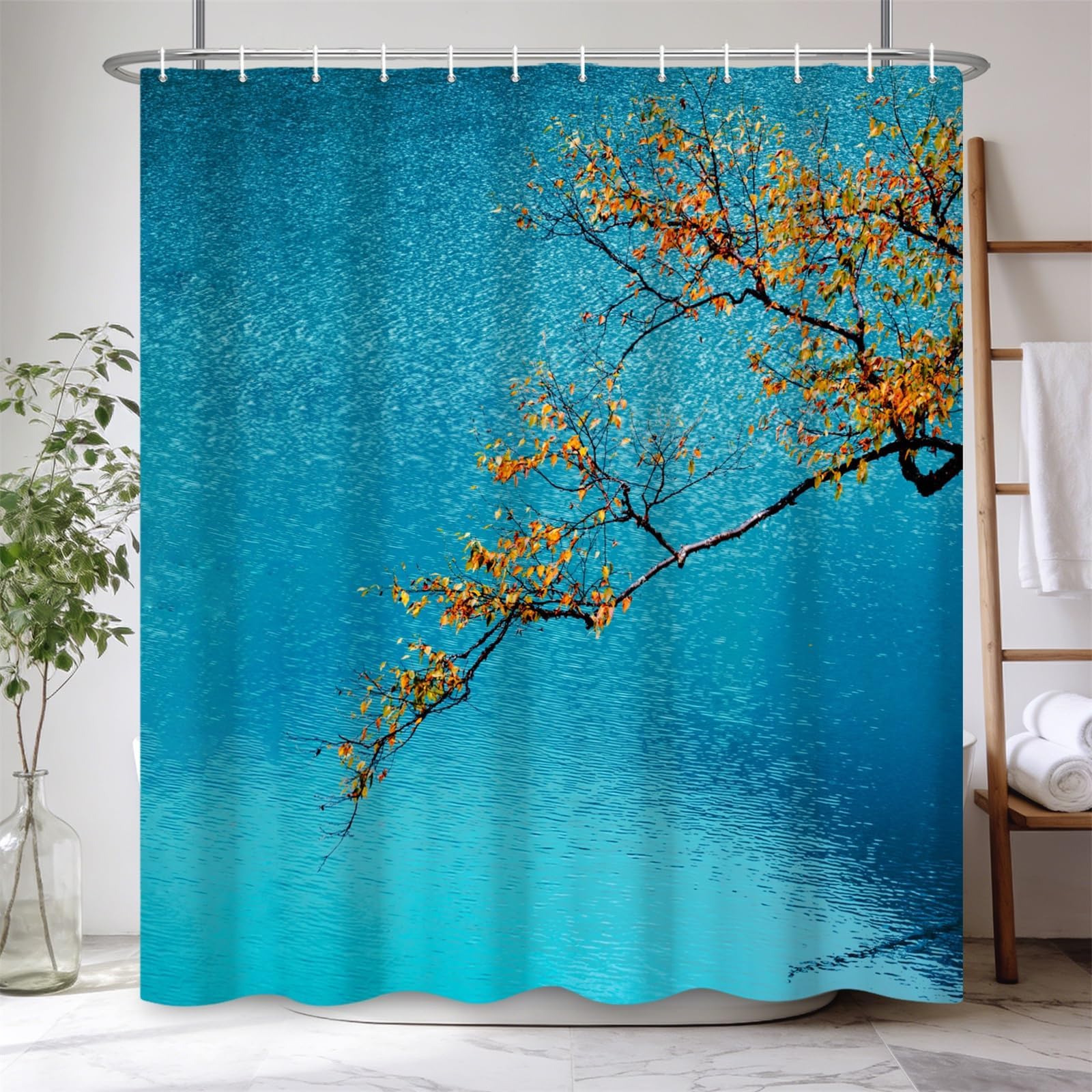 Uiyiui Multicolor-1 Shower Curtain 72X79in/182X200cm/Wxh Beautiful Landscape Deep Blue Sea Waves And Golden Leaves Waterproof Polyester Fabric Bath Curtain For Bathtub Bathroom Decoration With Hooks