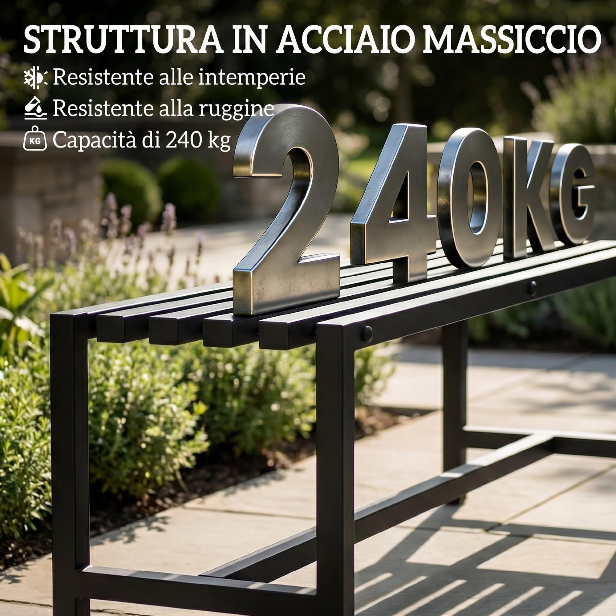 Outsunny Panchina da Esterno in Acciaio Zincato, Panchina da Giardino per 2 Persone, Seduta Senza Schienale con Piedini Regolabili, Design Industriale Moderno per Patio, Parco, Giardino, Nero