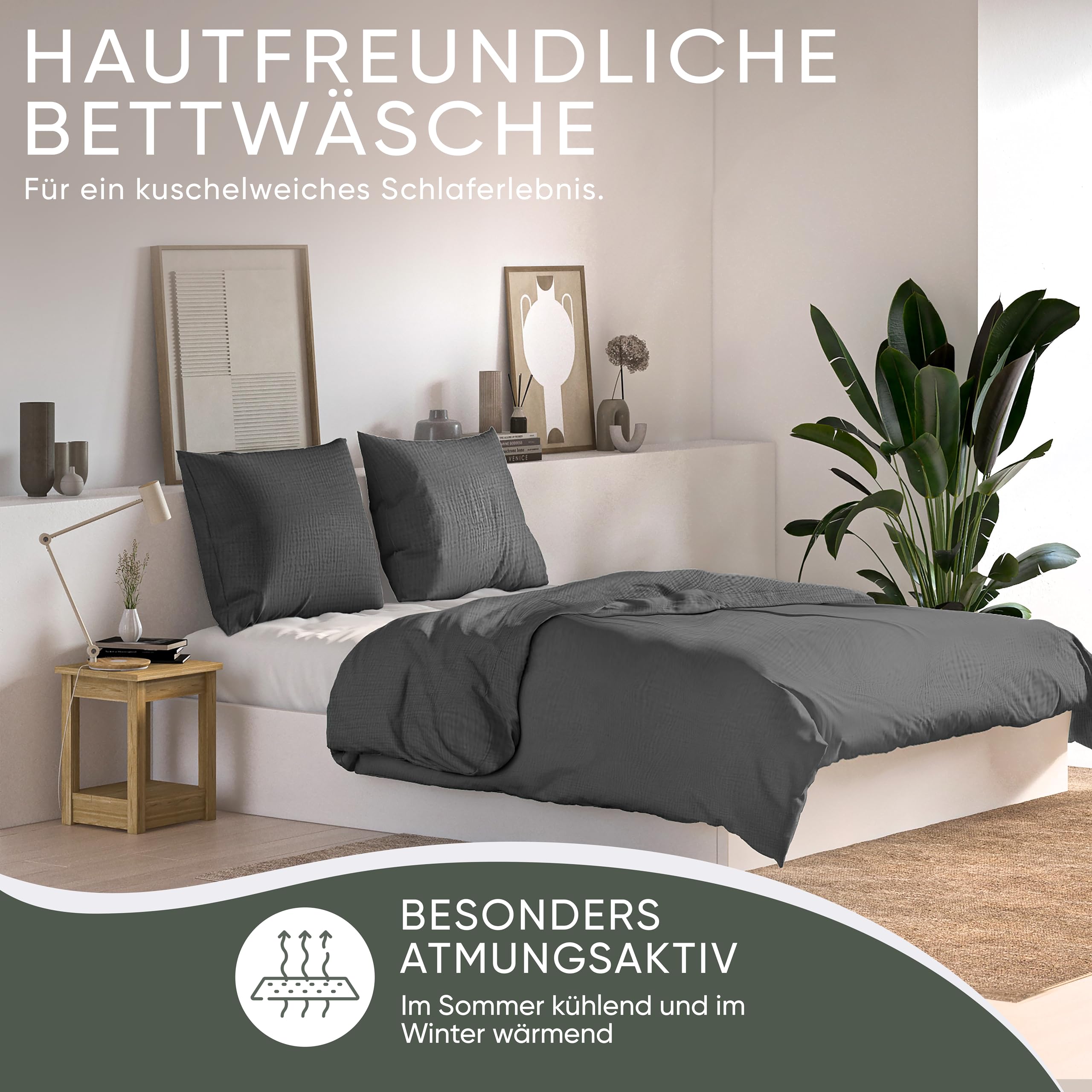 jilda-tex Bio-Bettwäsche Musselin Medina 100% Bio-Baumwolle Knitterlook Bügelfrei Uni Made in Green (Dunkelgrau, 135x200 + 80x80 cm)