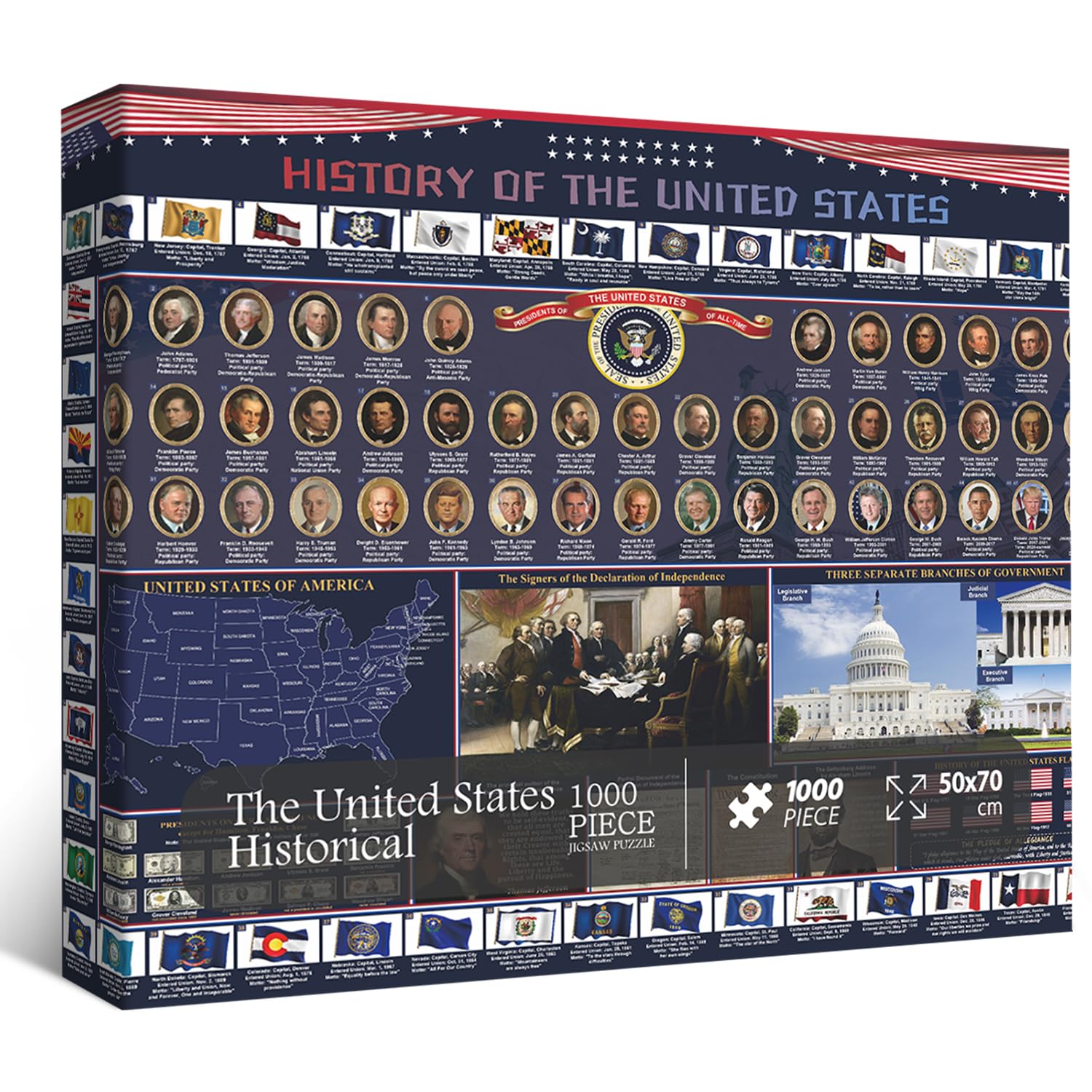 American History 2025 Jigsaw Puzzles 1000 Pieces, United States Puzzles for Adults Featuring USA Map, Presidents, Flag, American President Puzzle as History Home Decor