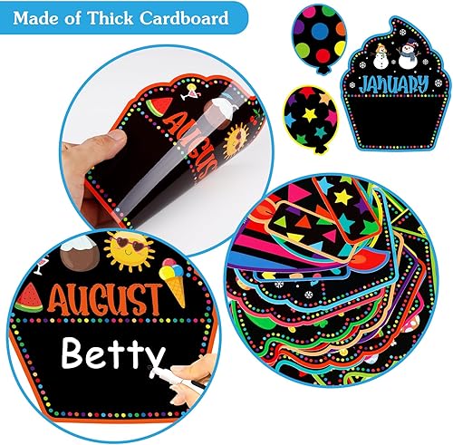 Miniatura 6 de PETCEE Juego de 27 tablones de anuncios de feliz cumpleaños para aula, decoración de tablón de anuncios de pared de confeti, recortes de cupcakes,