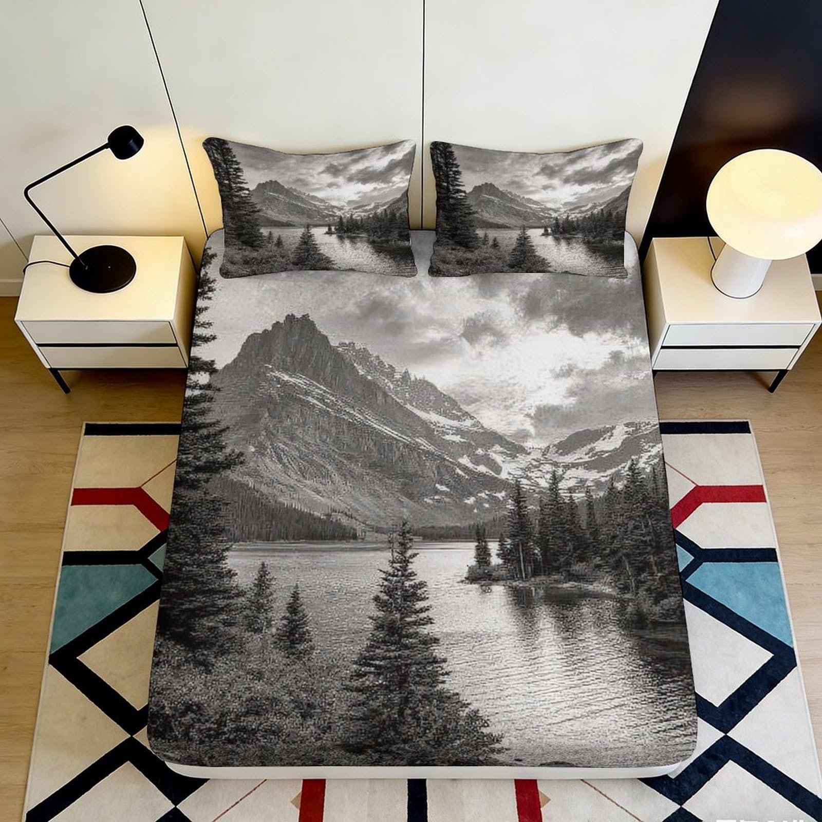 3D Printed Mountain Landscape Fitted Sheet Microfiber Soft Lake Forest Bed Cover for Bedroom Dorm Mattress Protection Decor 160x200x25cm