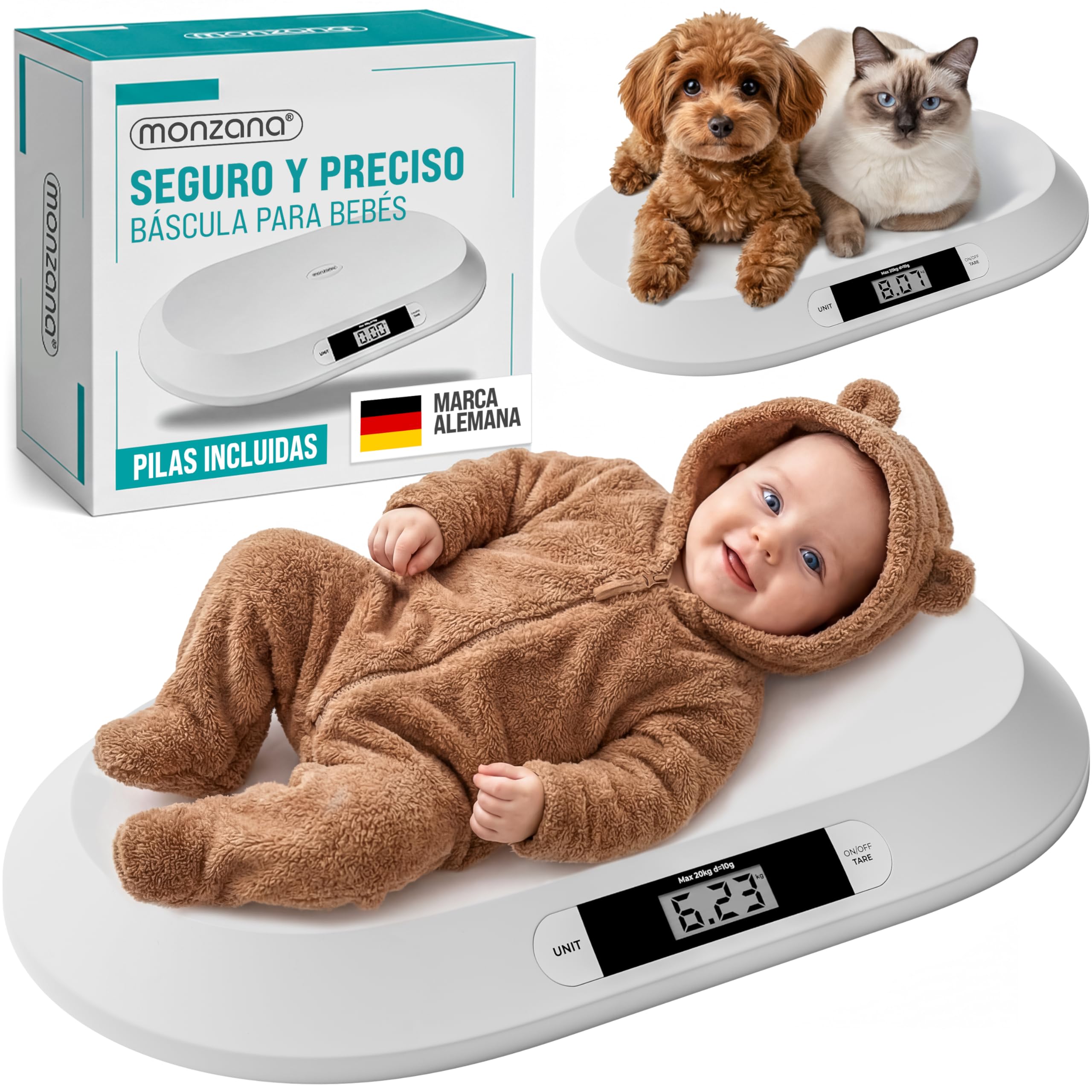 MONZANA® Báscula Bebé Digital hasta 20Kg Superficie Apoyo Amplia Segura Antideslizante Pantalla LED Apagado Automático Función Tara y Retención Recién Nacidos Mascotas Pequeñas