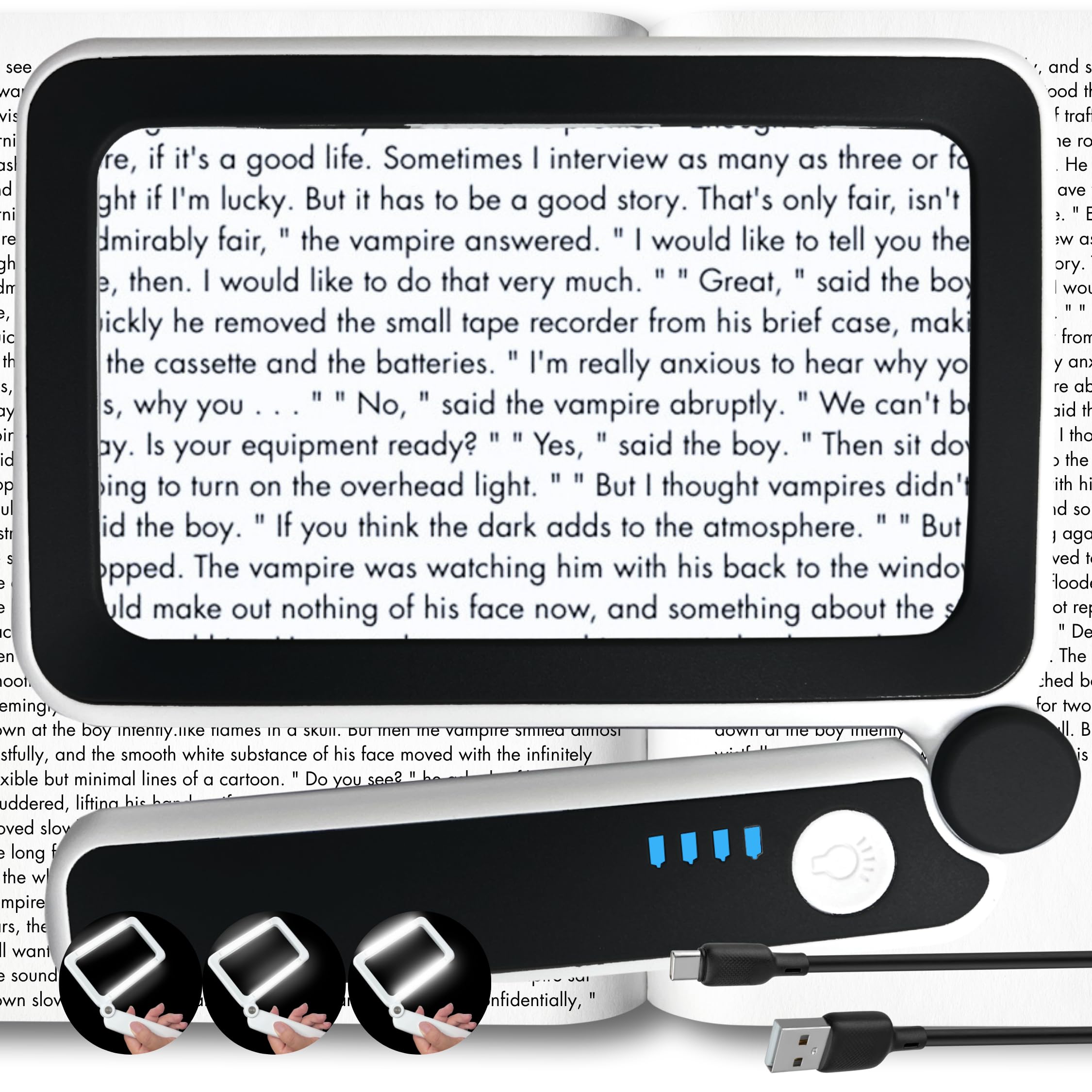 MAGNIPROS Rechargeable 4X Magnifying Glass with Light for Reading, Large Foldable LED Page Magnifier, Dimmable Handheld Rectangle Magnifier for Seniors, Small Print, Low Vision Books