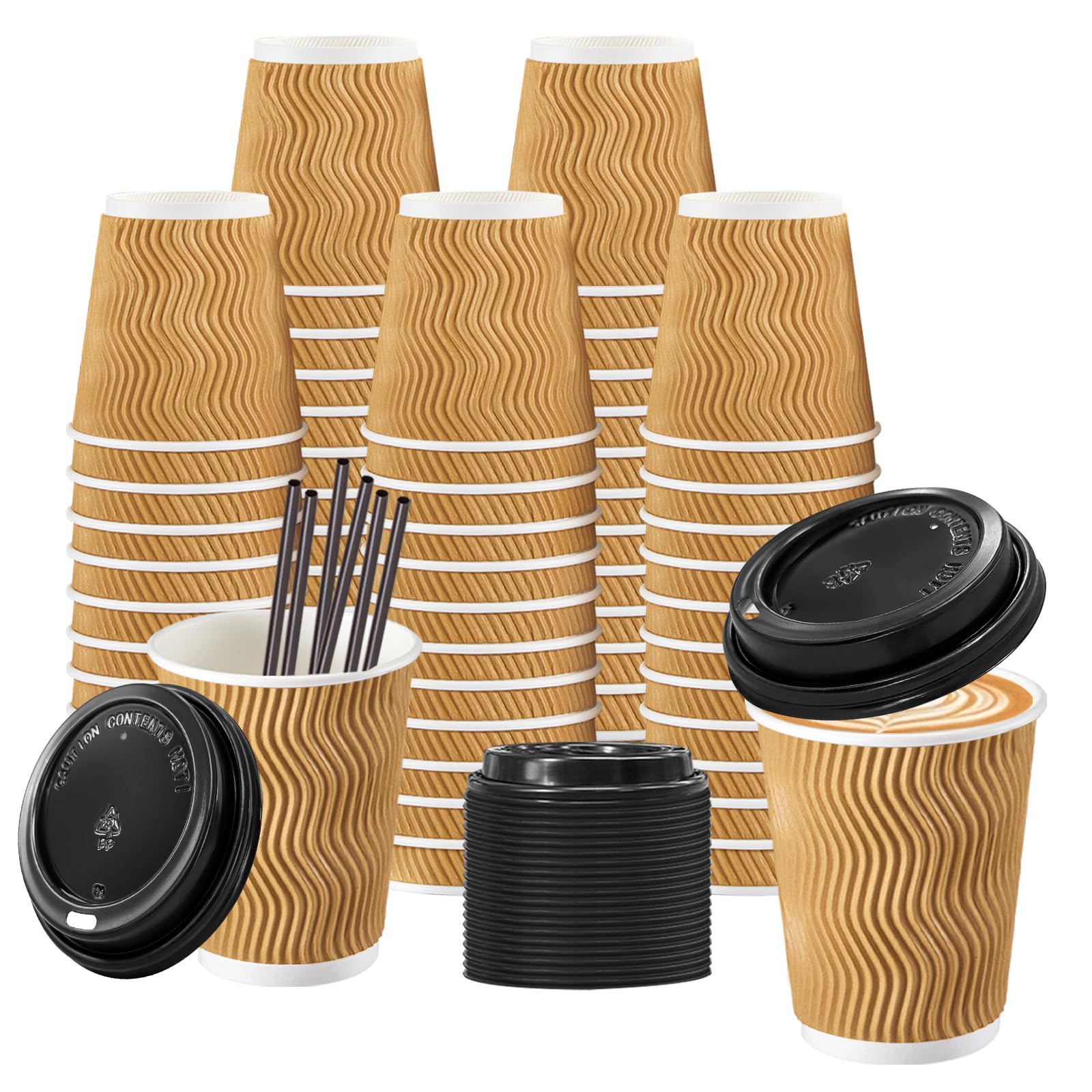 Lamosi 8 oz Disposable Coffee Cups with Lids, 50 Pack Insulated Hot Cups To Go Paper Coffee Cups with Lids and Straws, Corrugated Ripple Wall Cup for Hot Drink, Office, Coffee Bar (Champagne)