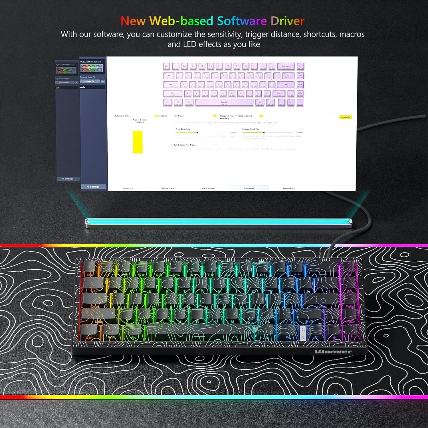Womier M68 HE Rapid Trigger Gaming Toetsenbord, 60% Mechanisch Toetsenbord, Bedraad RGB Aangepast Toetsenbord met Pre-Lube Magnetische Schakelaar, PBT Topografische Keycaps voor Mac/Win - Zwart