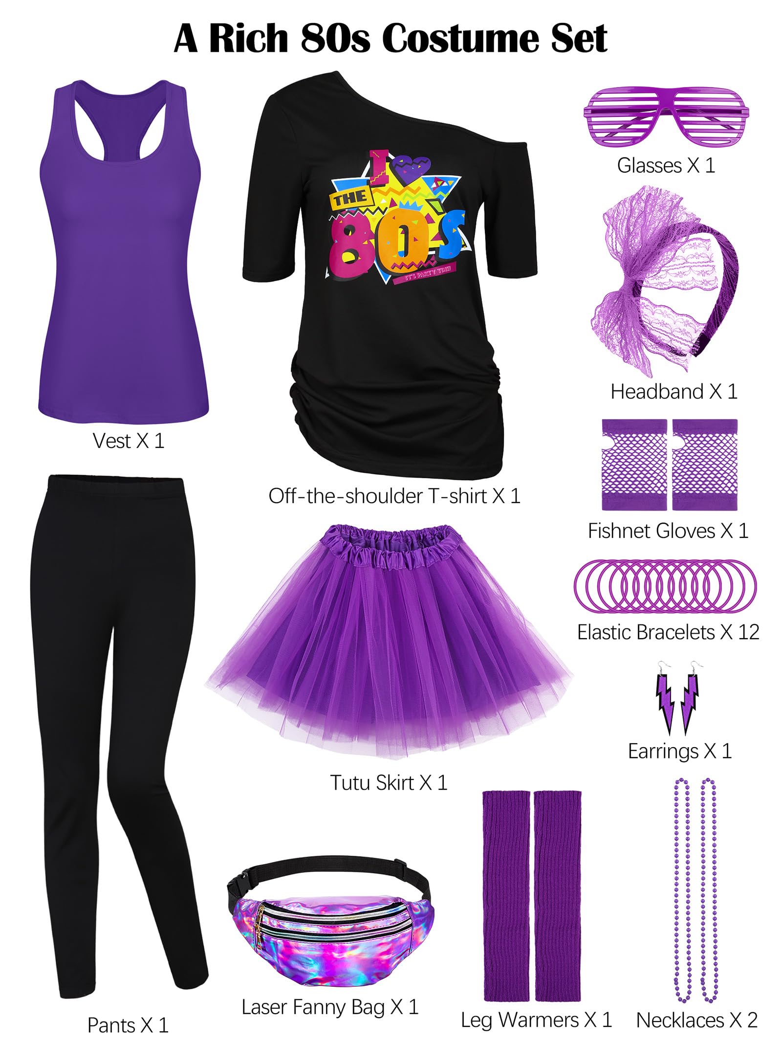 AOTHSO 24 Stücke Halloween Frauen 80er Jahre Kostümzubehör Set 80er Jahre Cosplay T-Shirt Tutu Hose Racerback Top Fanny Pack Handschuhe Beinwärmer für Party