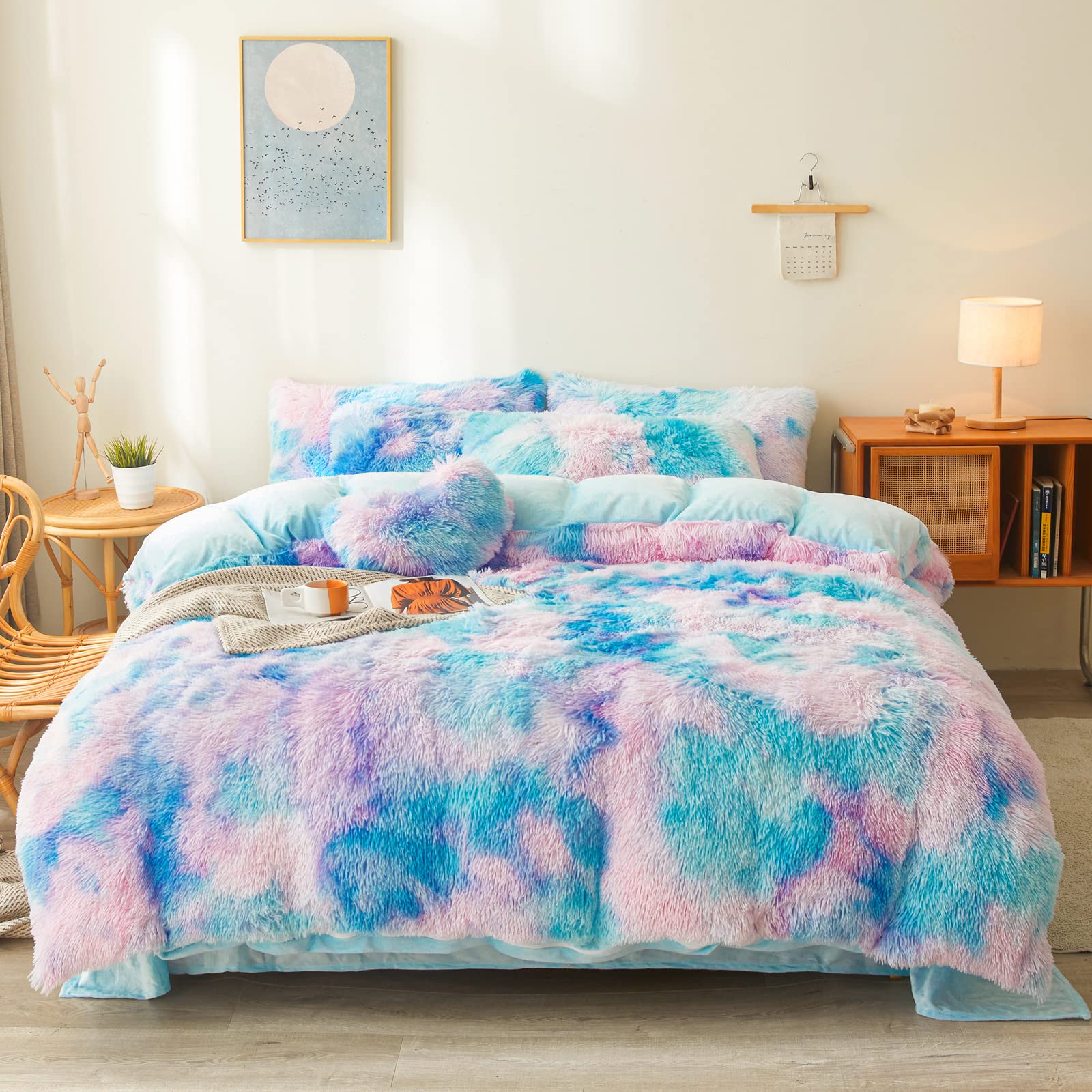 FOPPA Fluffy Tie Dye Blue comforters Cover Twin Size - Ultra Soft Plush Bedding Sets 2 Pieces (1 Faux Fur Comforter Cover + 1 Fuzzy Pillow case) Girls Shaggy Twin Bed Set (Tie Dye Blue, Twin) โ image 1