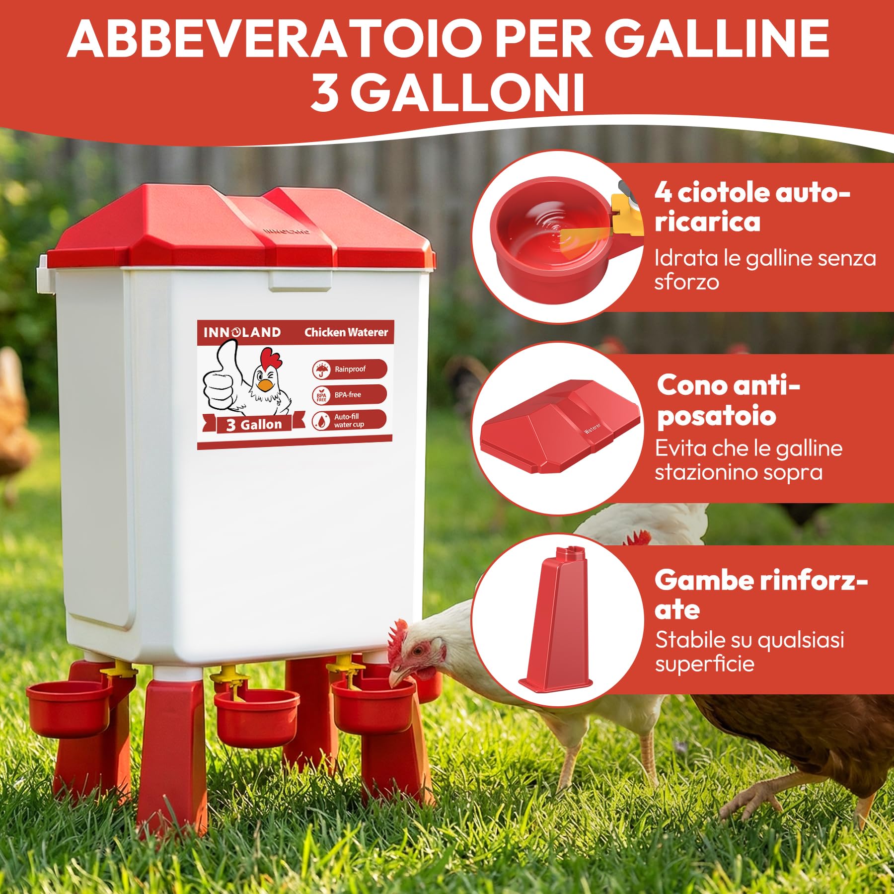 Abbeveratoio per Galline e Mangiatoia per Galline - 11L/12KG, Abbeveratoio Automatico per Gallines con 4 Beccucci e 3 Bocche di Alimentazione, Senza Sprechi, Accessori per Pollaio per Anatres