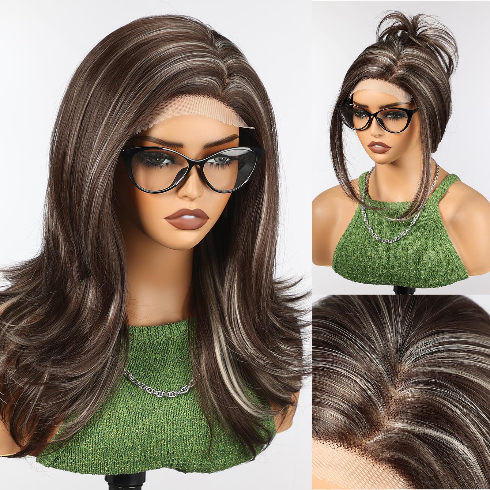 HAIRCUBE Lace Front Wig for Women Wavy Wigs with Partial Fringe Heat Resistant Fibre Synthetic Brown with Highlights - Image 2