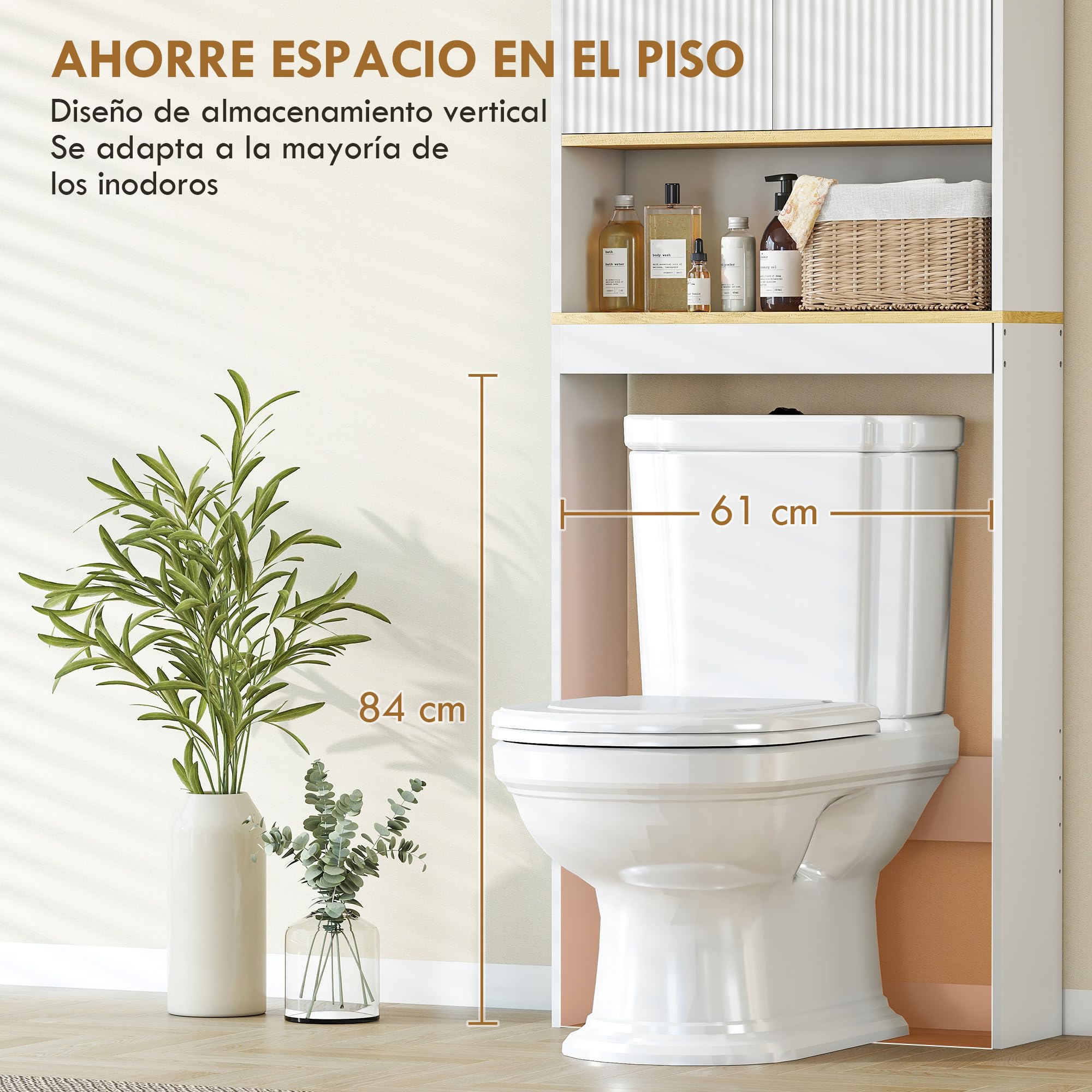 HOMCOM Estantería para Baño sobre Inodoro, Mueble Organizador de Baño de 3 Niveles con Estante Abierto, 2 Puertas y Estante Ajustable, 64x20x170,5 cm, Blanco
